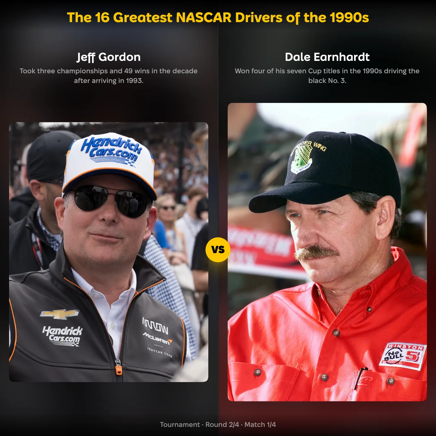 The 16 greatest NASCAR drivers of the 1990s ranking, with Jeff Gordon against Dale Earnhardt