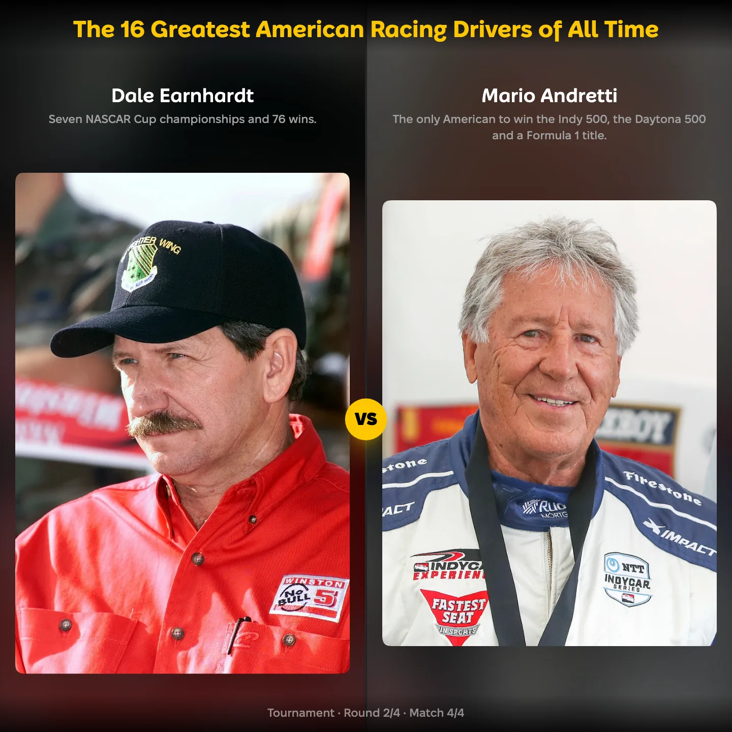 The 16 greatest American racing drivers of all time ranking, with Dale Earnhardt against Mario Andretti