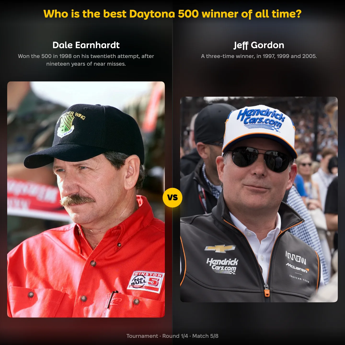 The best Daytona 500 winner of all time ranking, with Dale Earnhardt against Jeff Gordon