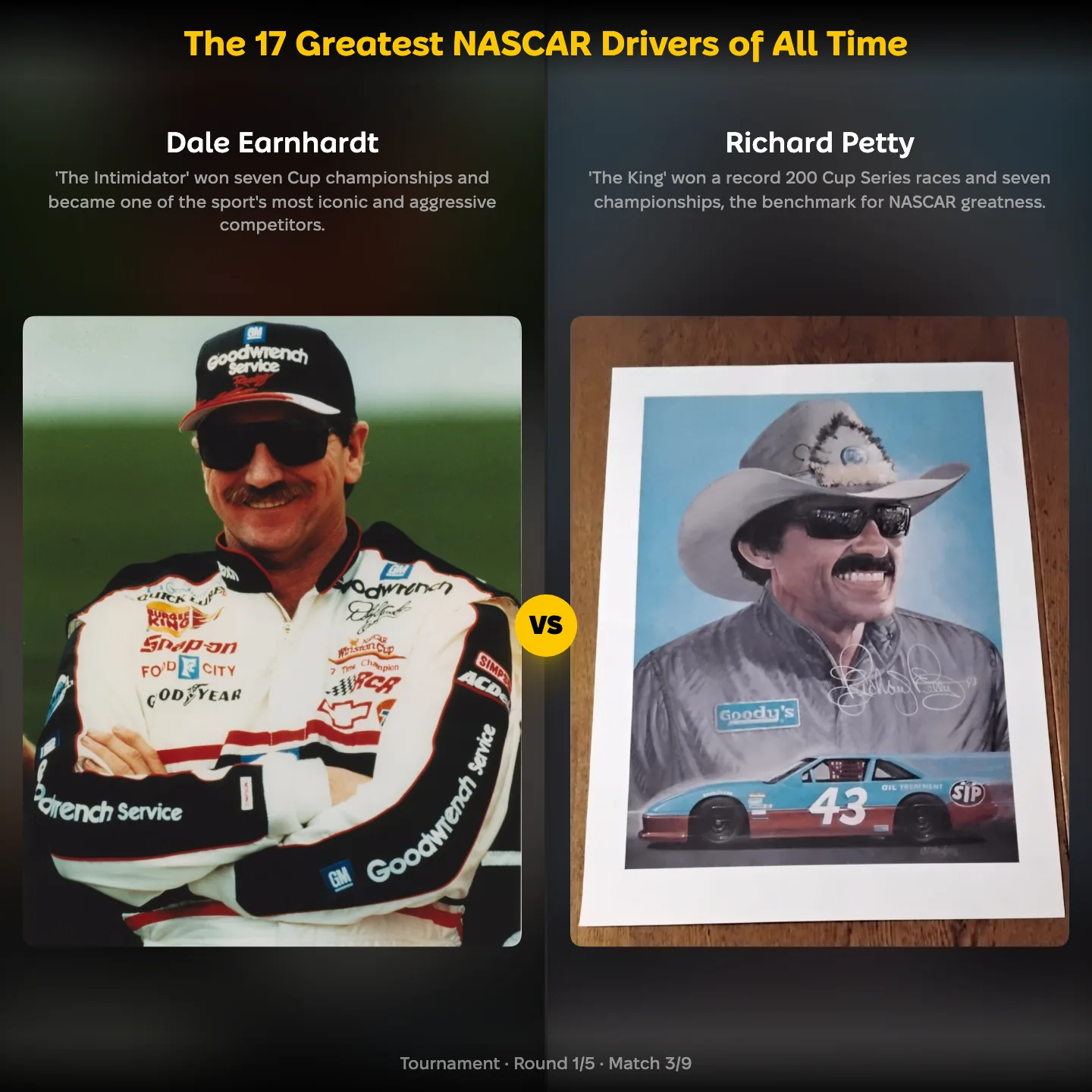 The 17 greatest NASCAR drivers of all time ranking, with Dale Earnhardt against Richard Petty