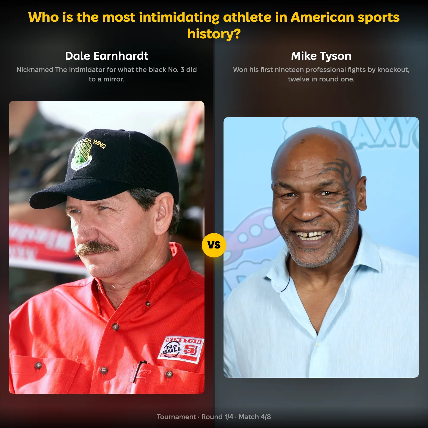 The most intimidating athlete in American sports history ranking, with Dale Earnhardt against Mike Tyson