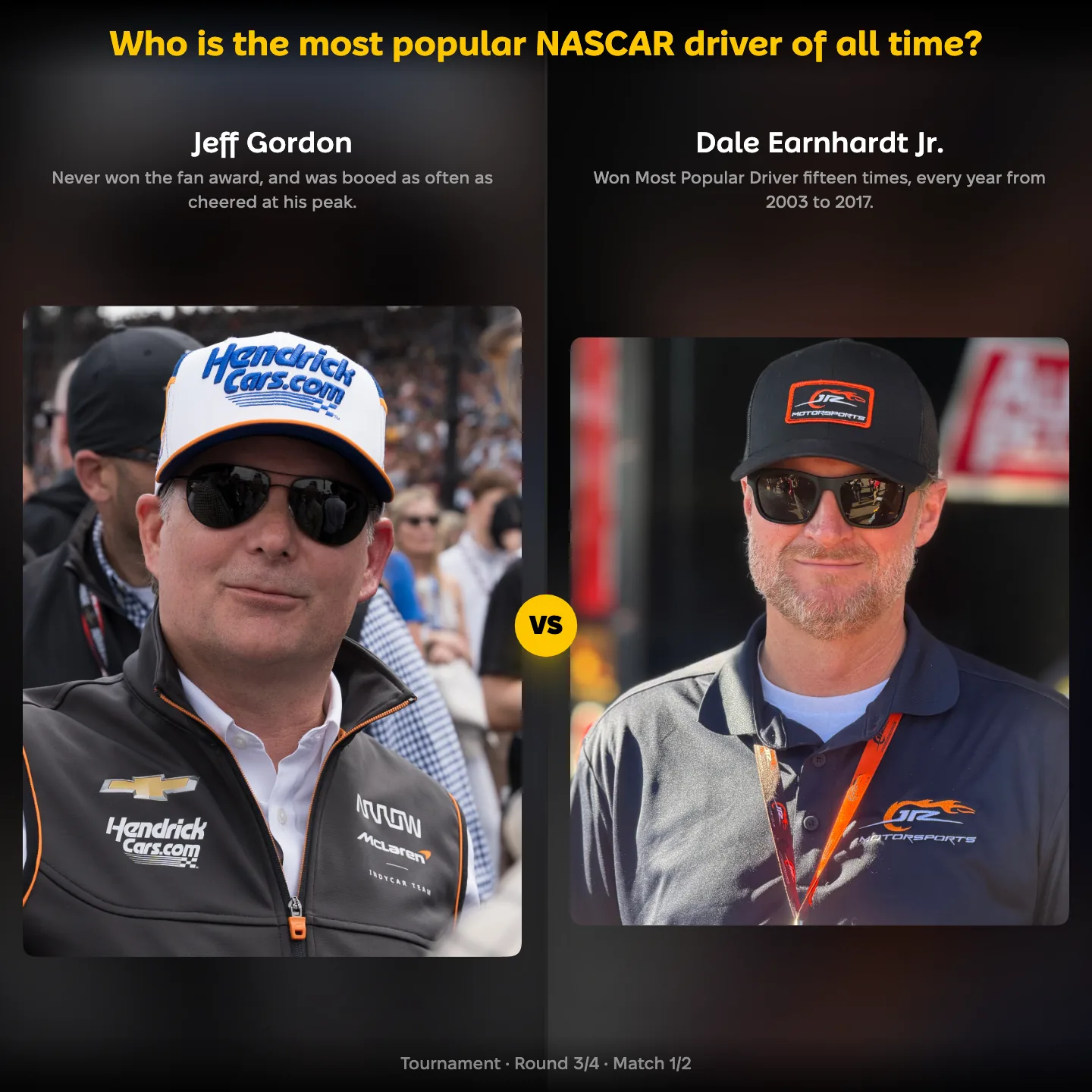 The most popular NASCAR driver of all time ranking, with Jeff Gordon against Dale Earnhardt Jr.