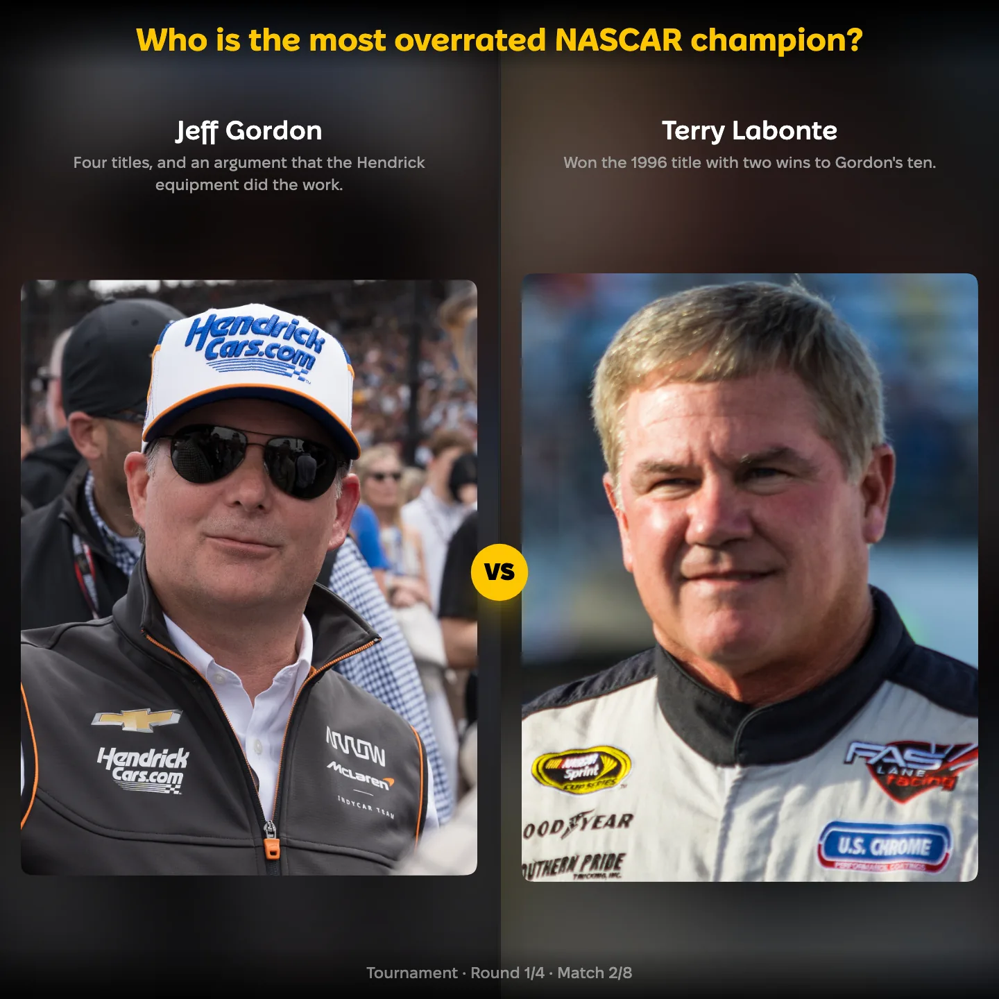 The most overrated NASCAR champion ranking, with Jeff Gordon against Terry Labonte