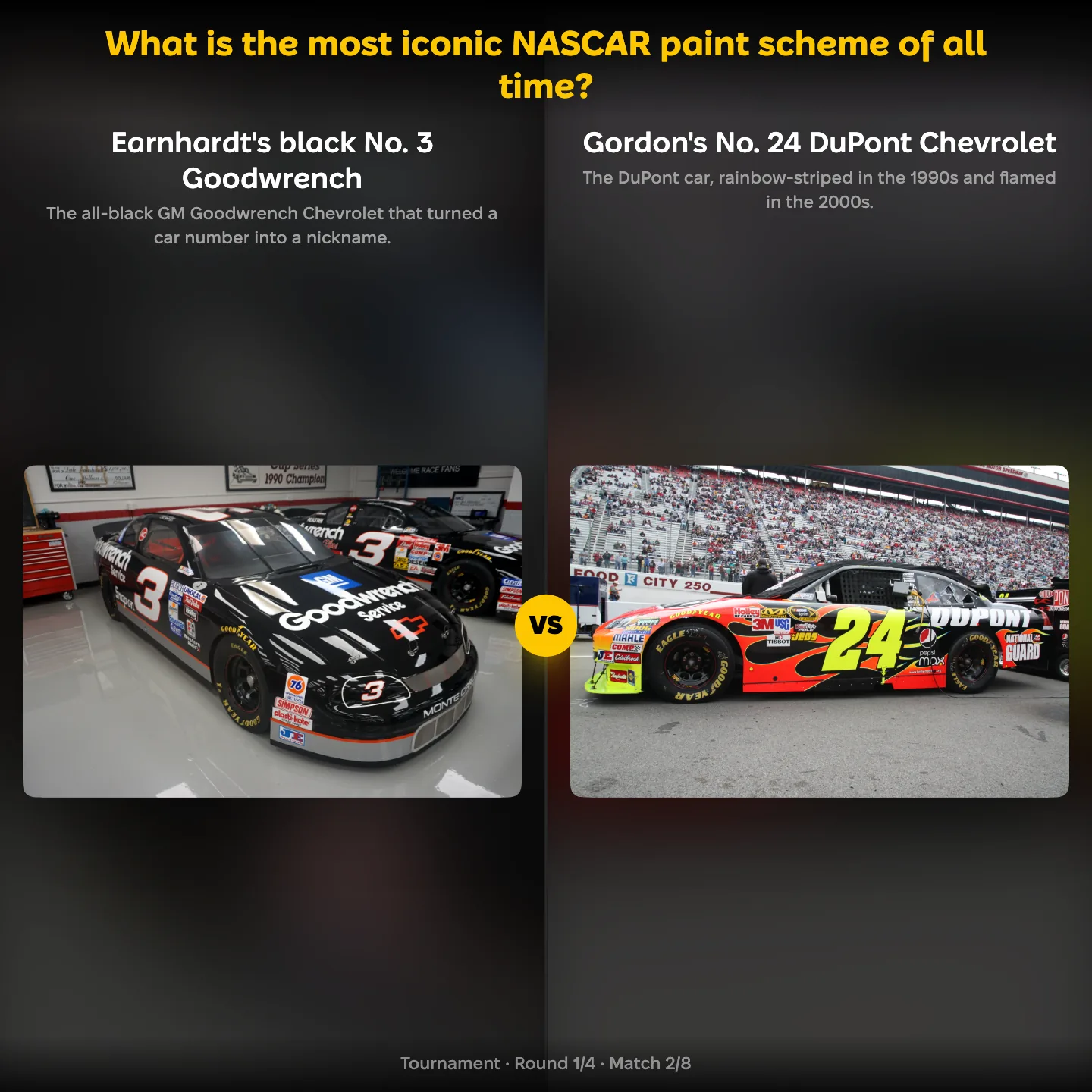 The most iconic NASCAR paint scheme ranking, with Dale Earnhardt's black No. 3 against Jeff Gordon's No. 24 DuPont Chevrolet