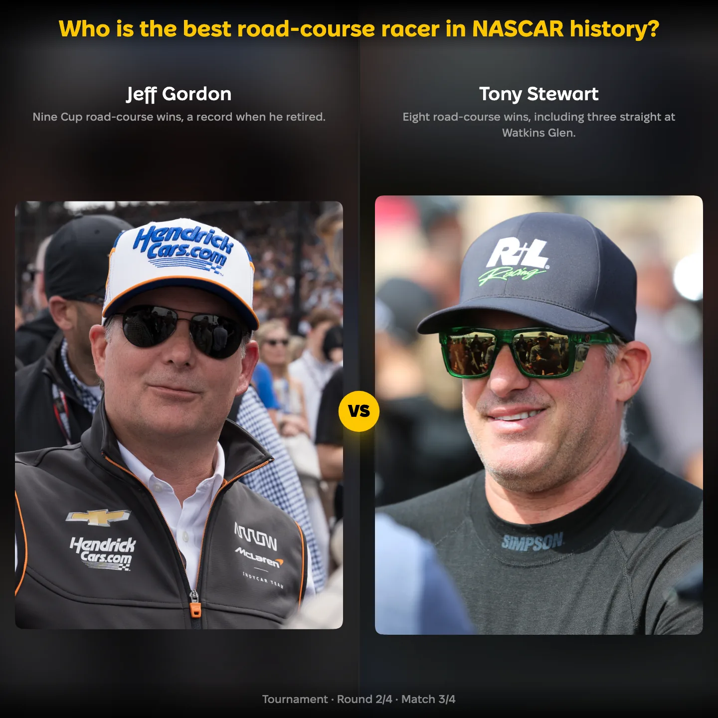 The best road-course racer in NASCAR history ranking, with Jeff Gordon against Tony Stewart