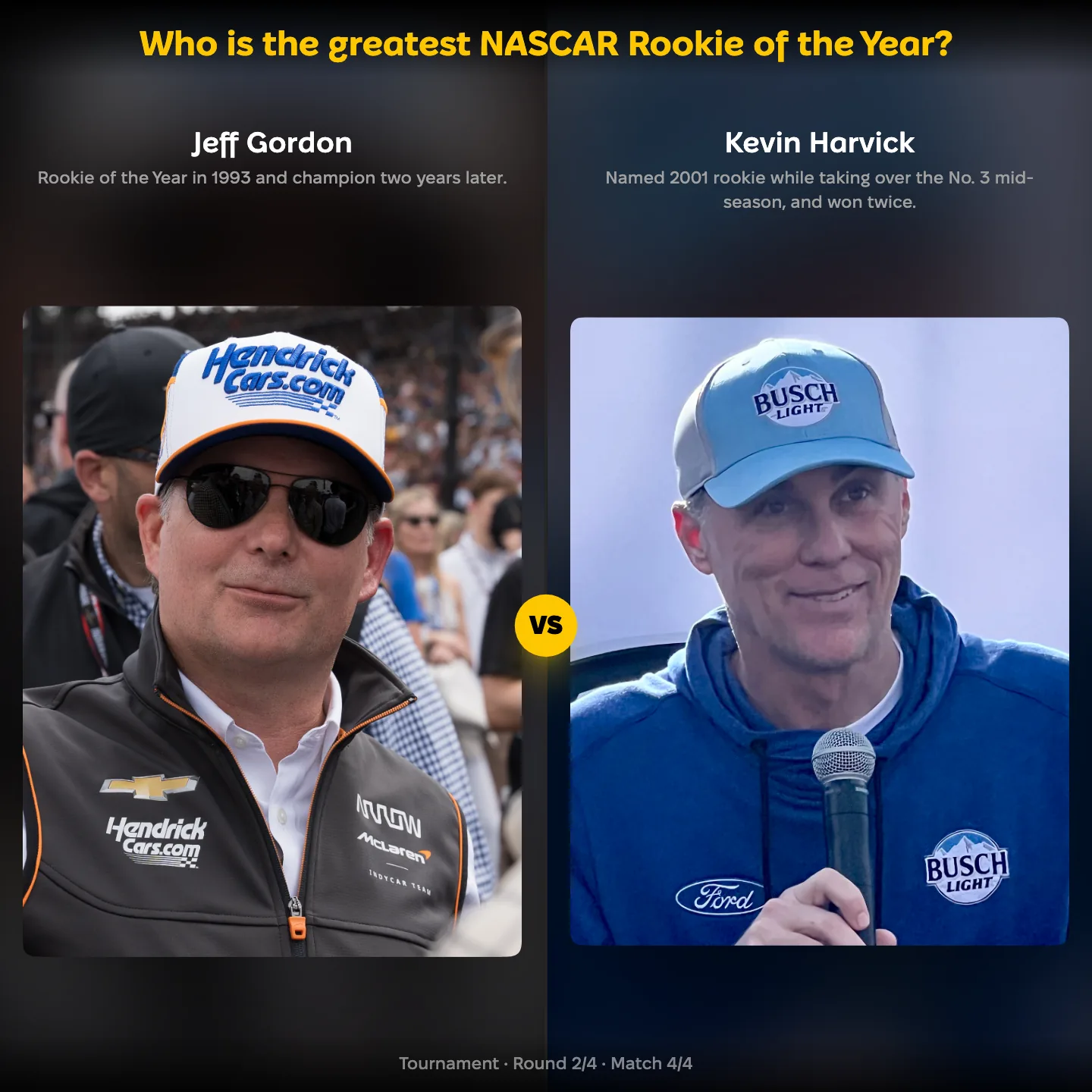 The greatest NASCAR Rookie of the Year ranking, with Jeff Gordon against Kevin Harvick