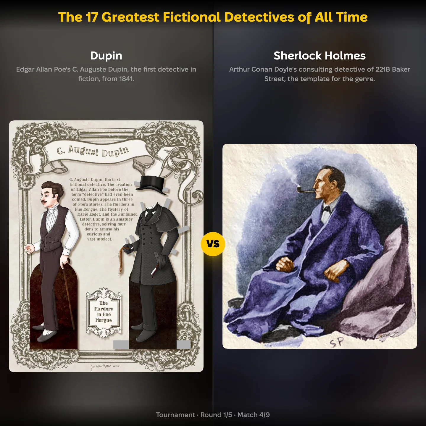 C. Auguste Dupin, Edgar Allan Poe's detective, against Sherlock Holmes in the ranking of the greatest fictional detectives