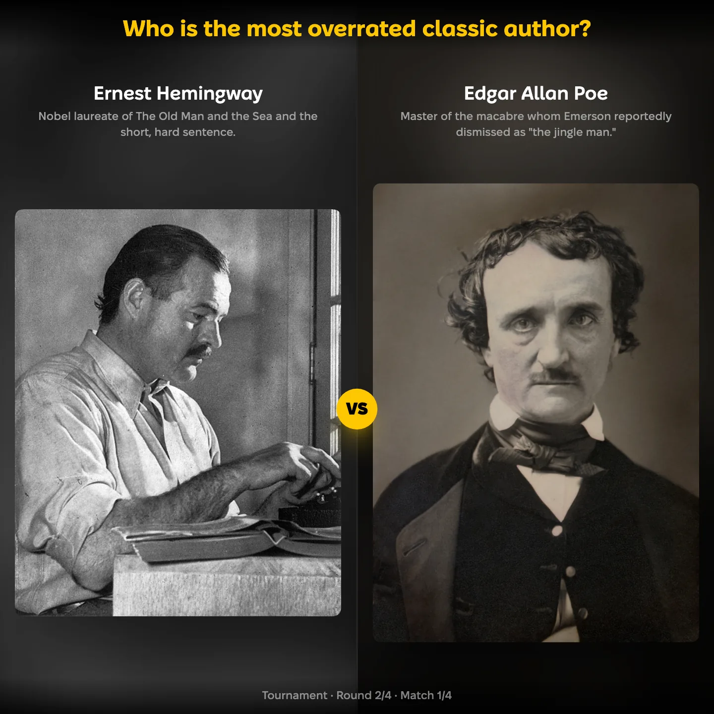 Ernest Hemingway against Edgar Allan Poe in the ranking of the most overrated classic author