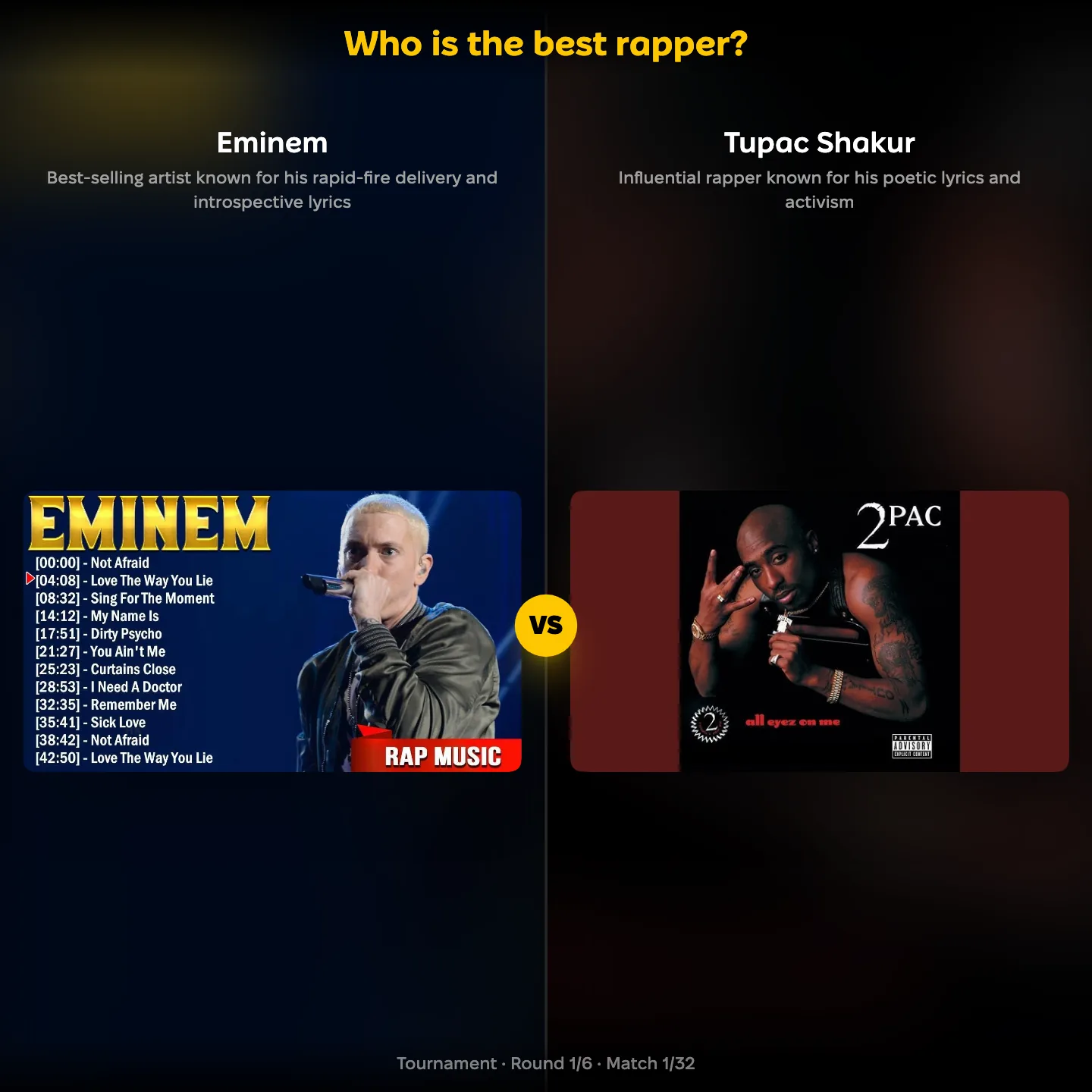 Who is the best rapper — Eminem against Tupac Shakur in a head-to-head ranking of 64 MCs