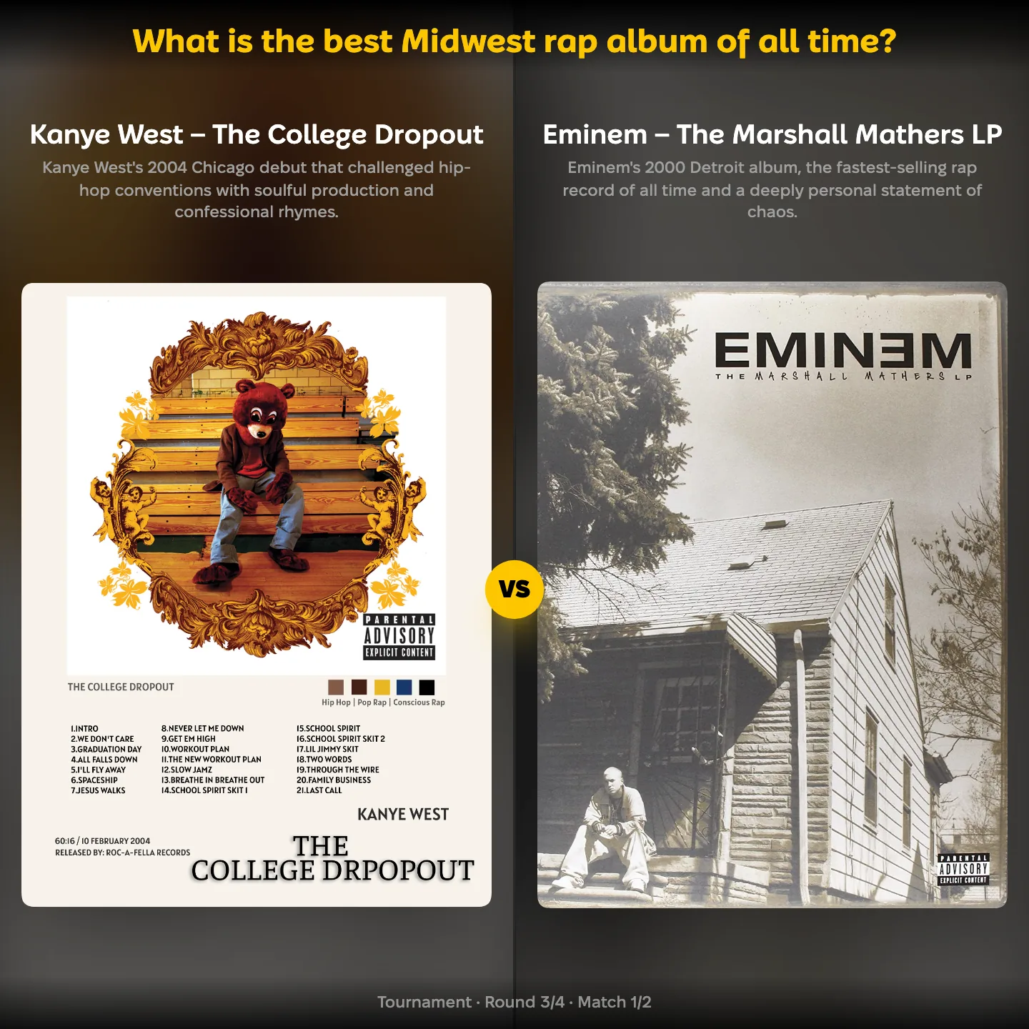 Best Midwest rap album of all time — Kanye West's The College Dropout against Eminem's The Marshall Mathers LP