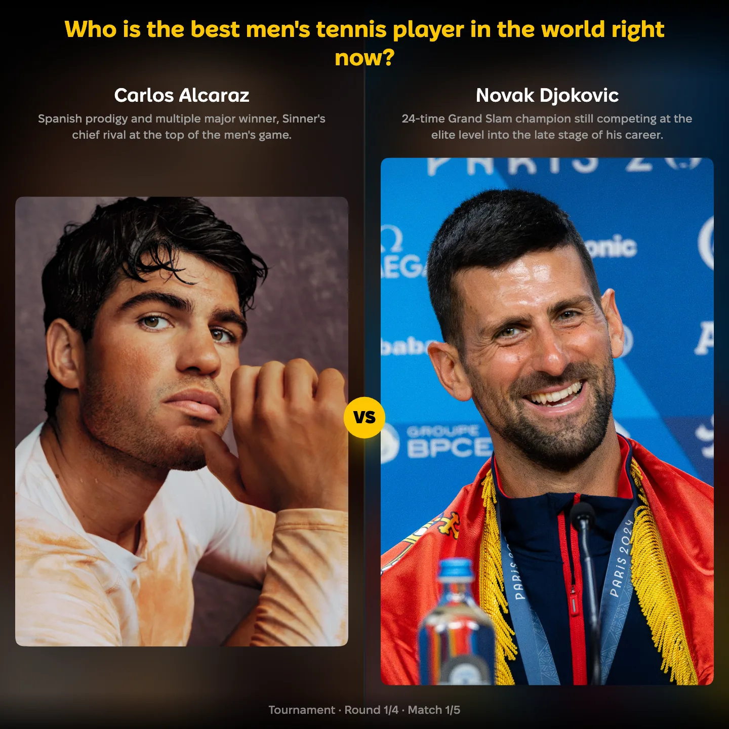 Carlos Alcaraz against Novak Djokovic in the ranking of the best men's tennis player in the world right now