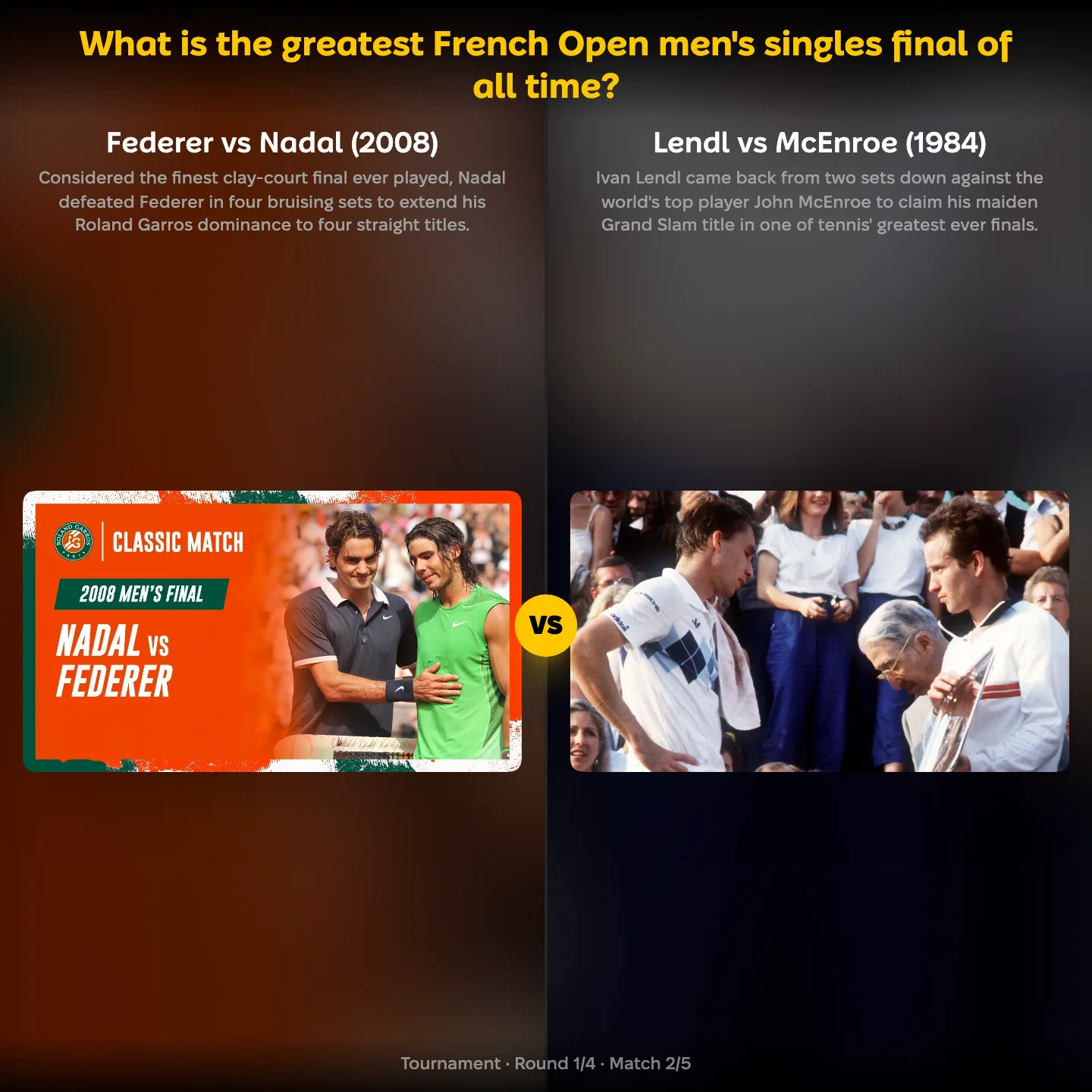 Federer vs Nadal 2008 against Lendl vs McEnroe 1984 in the ranking of the greatest French Open final