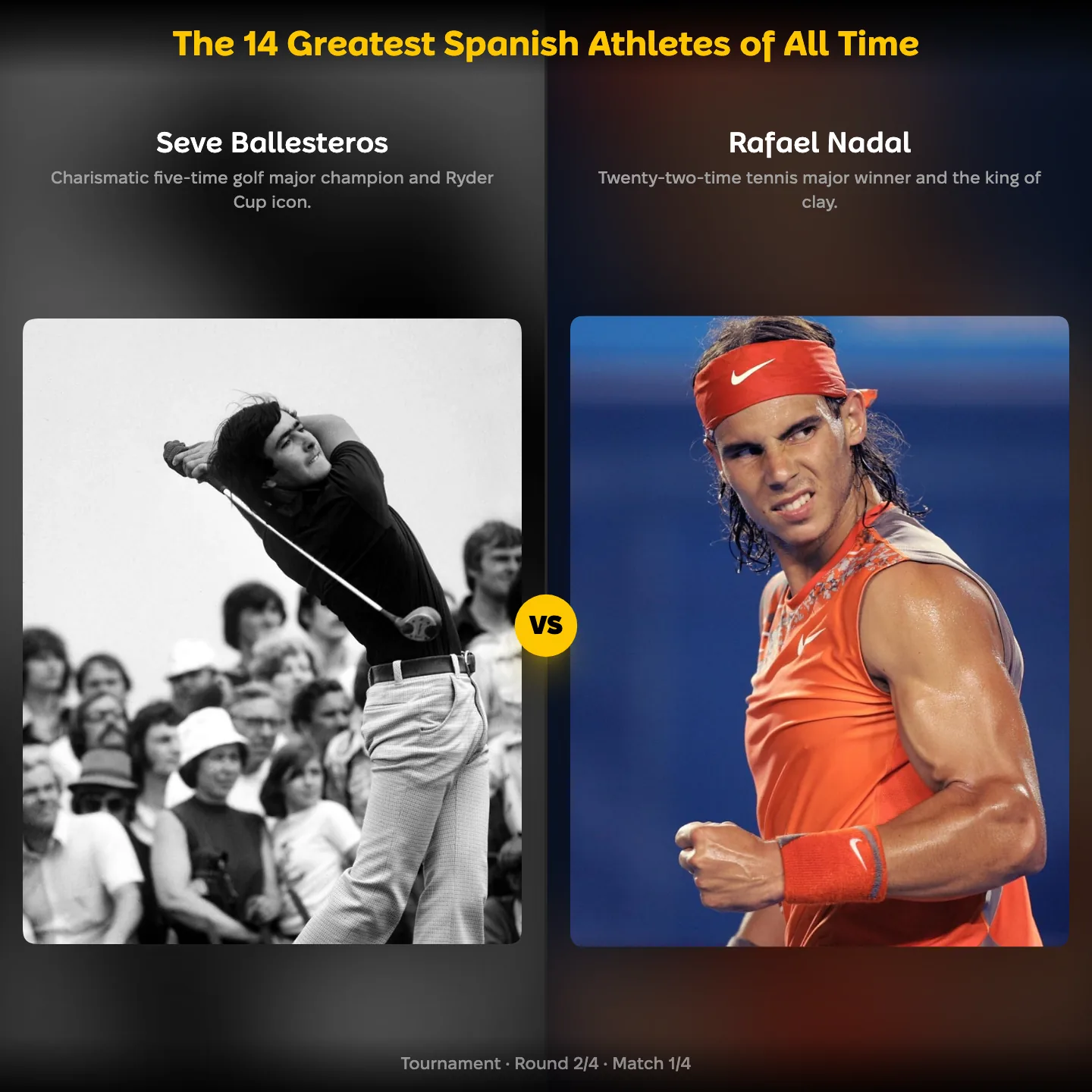 Seve Ballesteros against Rafael Nadal in the ranking of the 14 greatest Spanish athletes of all time
