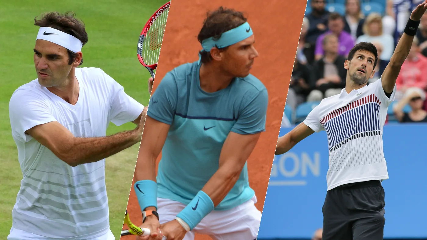 Roger Federer, Rafael Nadal and Novak Djokovic, each on his own surface