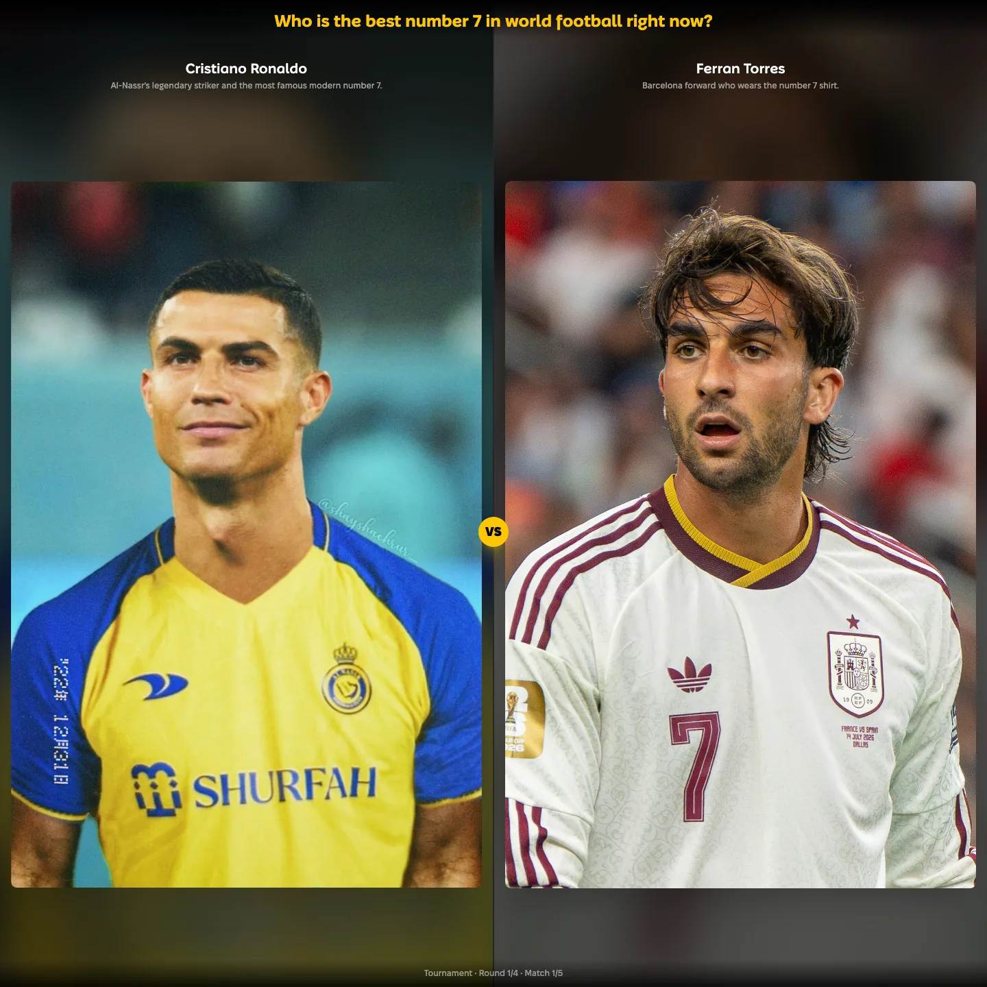 Best number 7 in world football right now ranking, Ferran Torres in a matchup against Cristiano Ronaldo