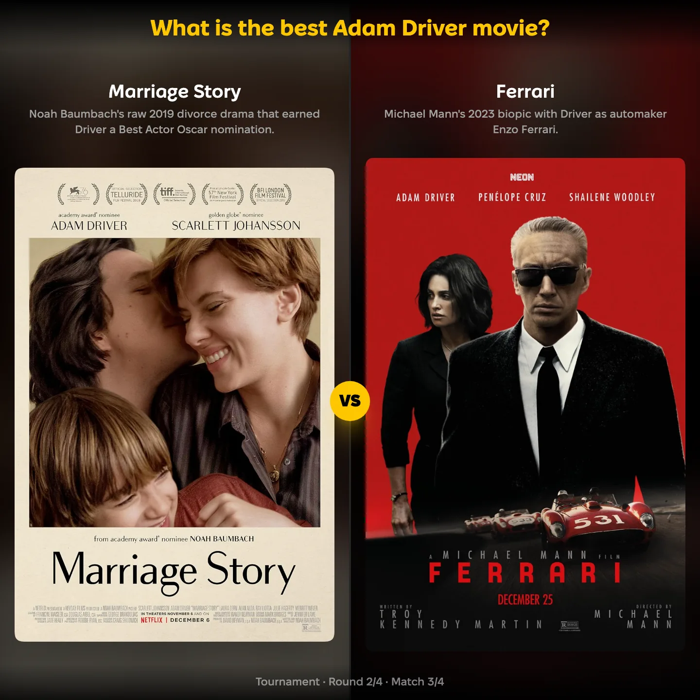 Best Adam Driver movie ranked, with Marriage Story against Ferrari