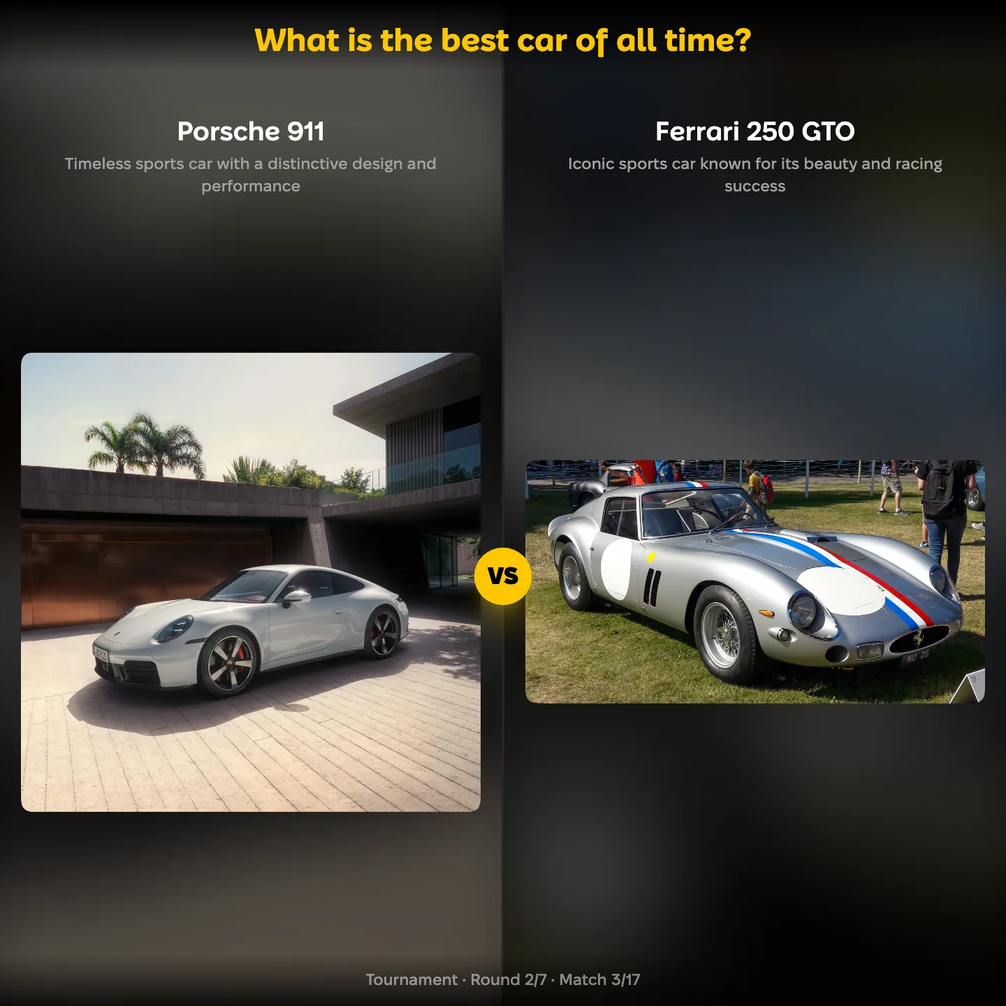 Best car of all time ranking, with the Ferrari 250 GTO against the Porsche 911