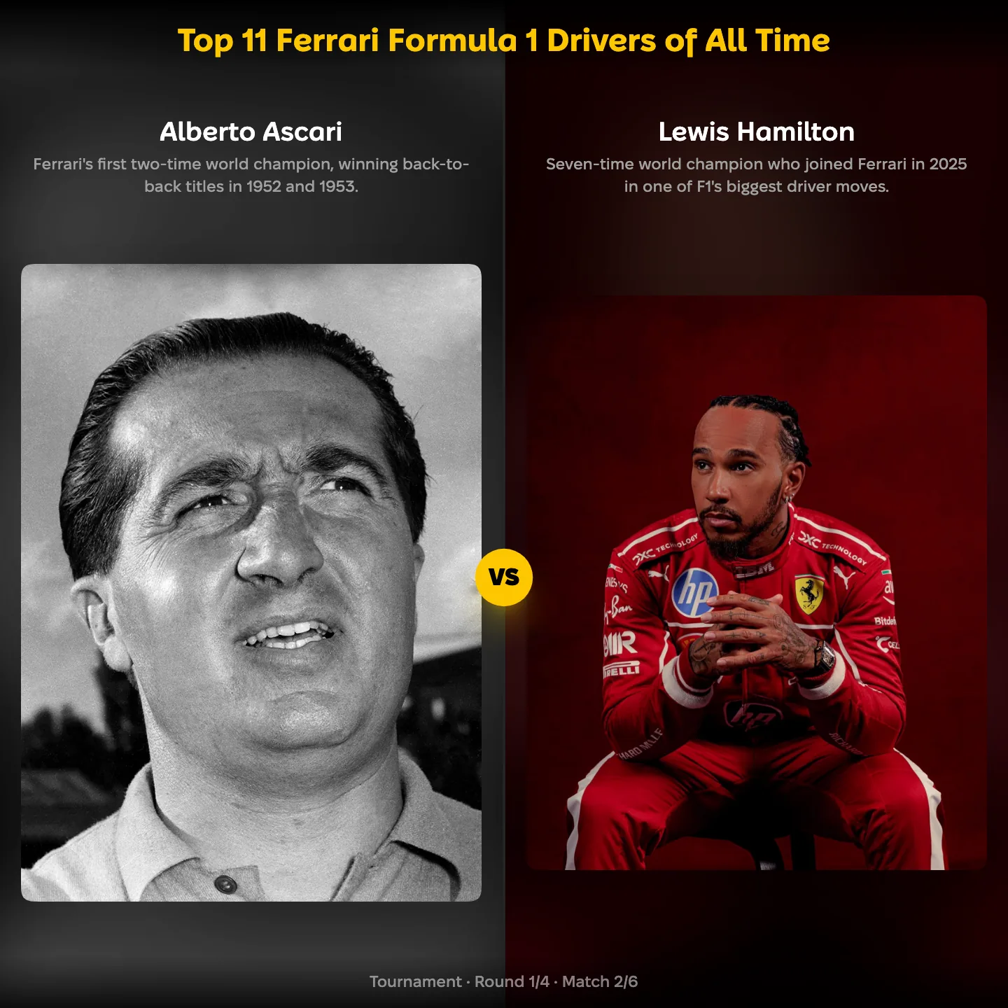 Top 11 Ferrari Formula 1 drivers of all time ranked, with Alberto Ascari against Lewis Hamilton