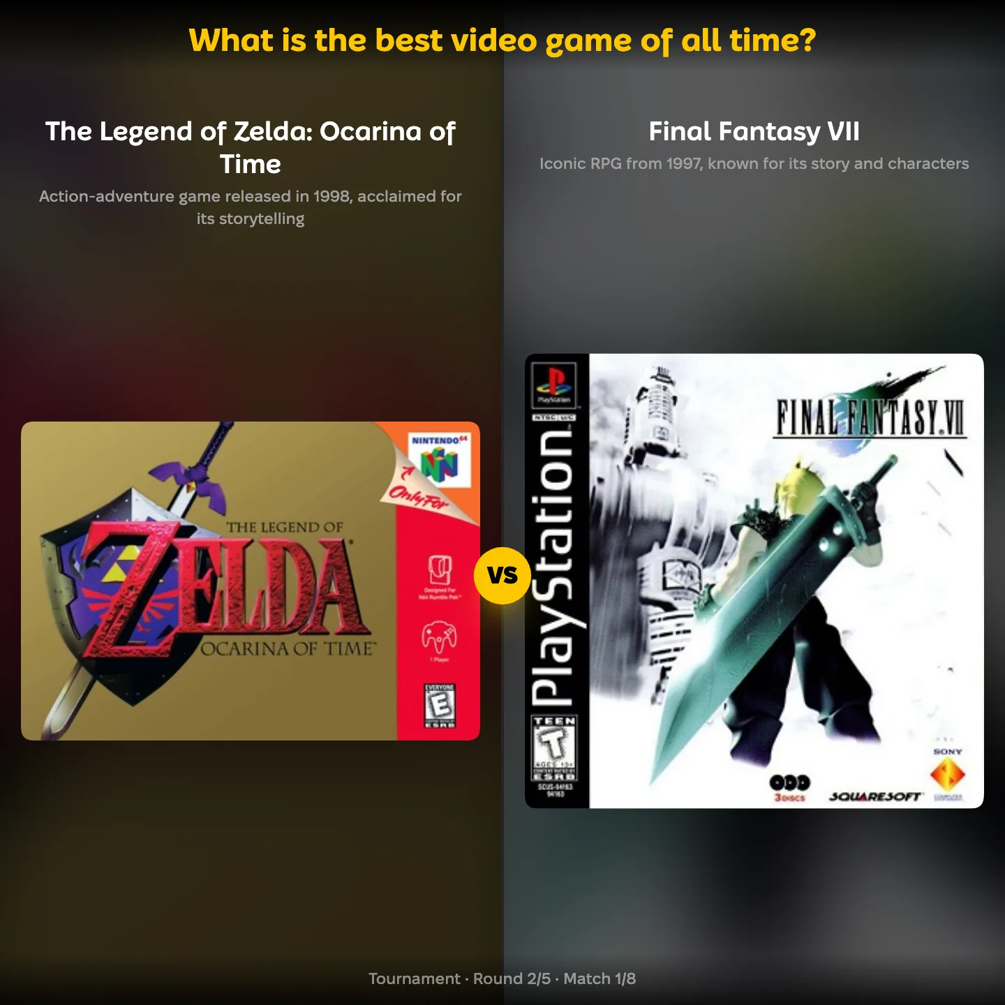 The best video game of all time ranked, with Final Fantasy VII against The Legend of Zelda: Ocarina of Time
