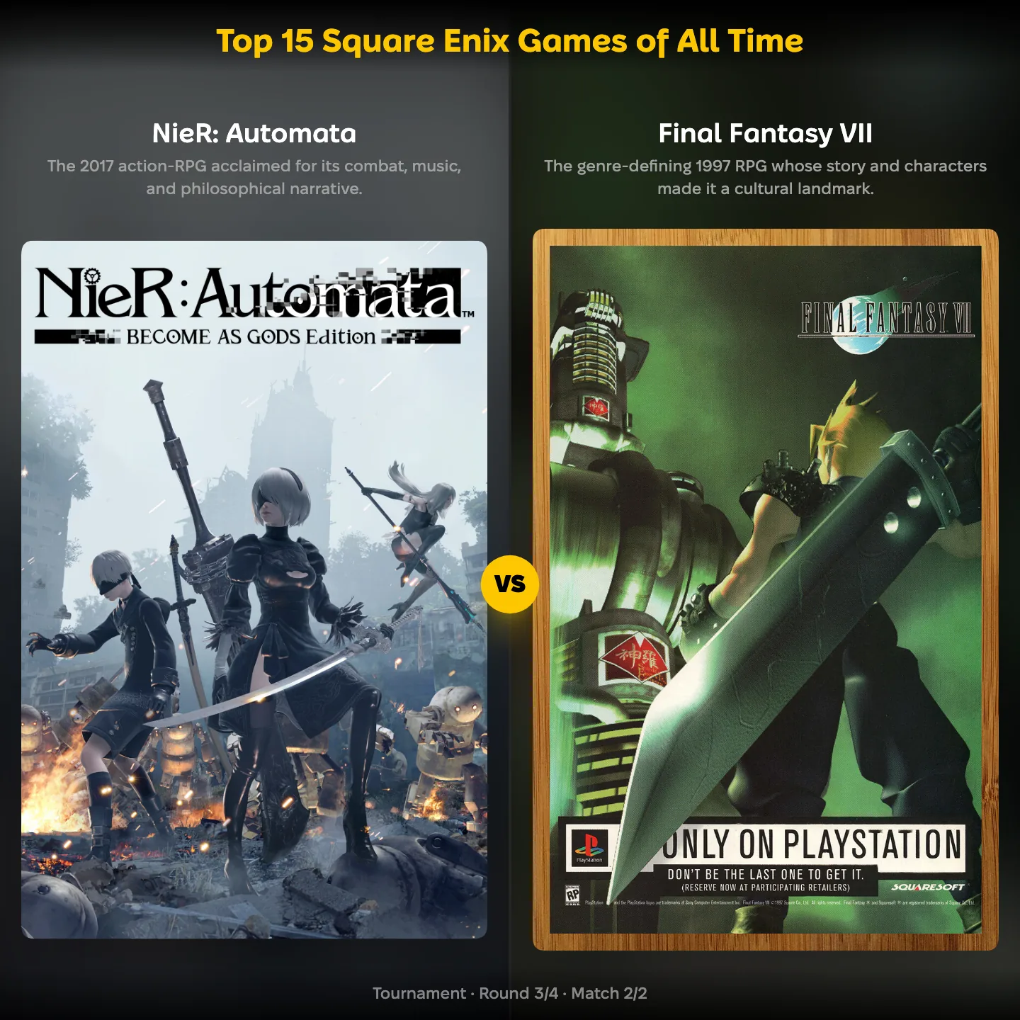 The top 15 Square Enix games of all time ranked, with NieR: Automata against Final Fantasy VII