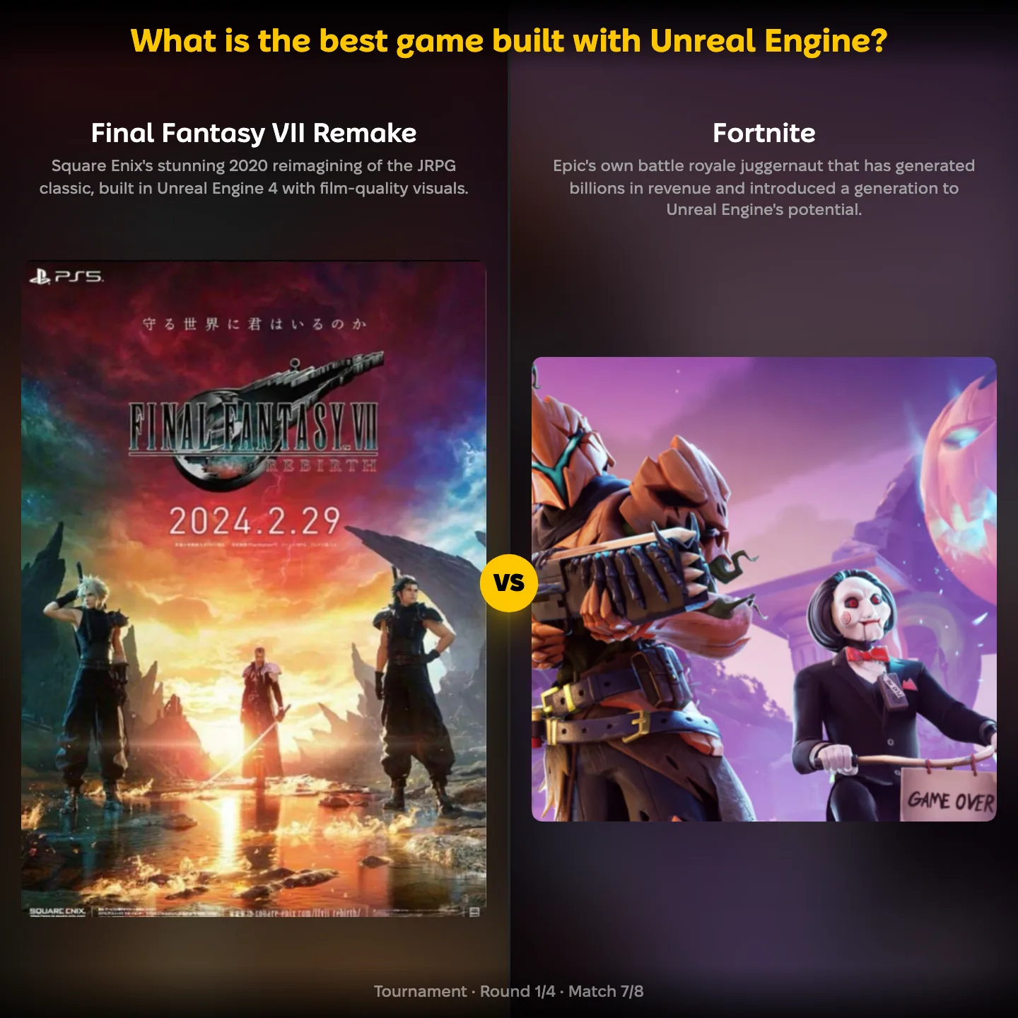 The best game built with Unreal Engine ranked, with Final Fantasy VII Remake against Fortnite