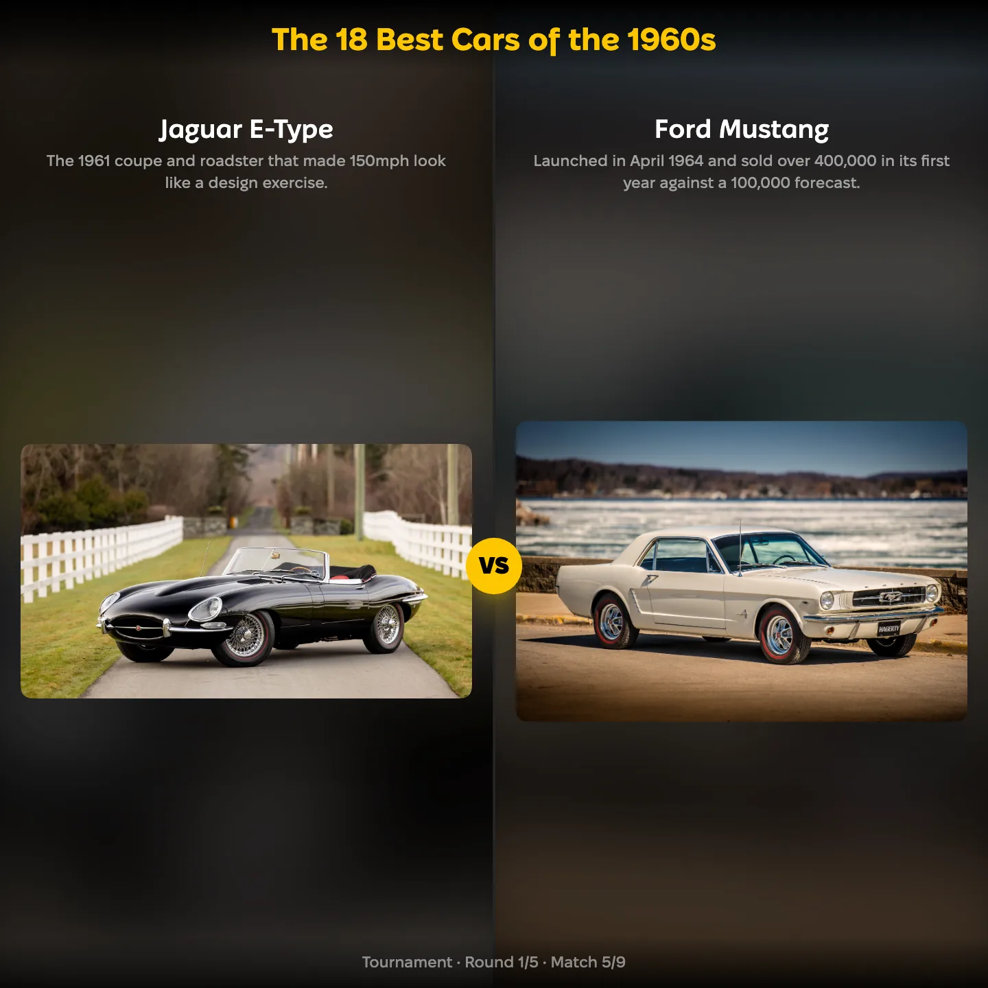The best cars of the 1960s ranked, with the Jaguar E-Type against the Ford Mustang