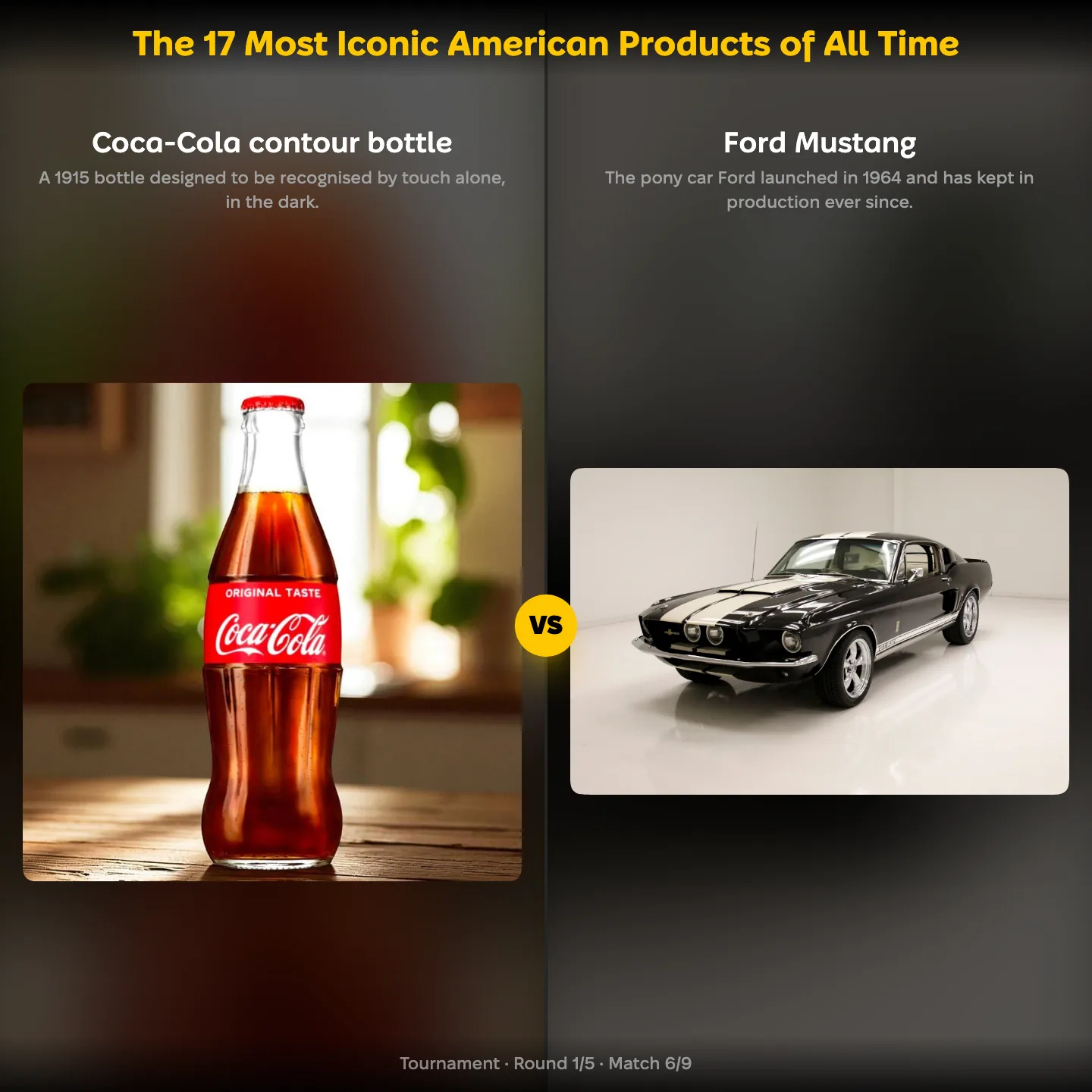 The most iconic American products of all time ranked, with the Coca-Cola contour bottle against the Ford Mustang