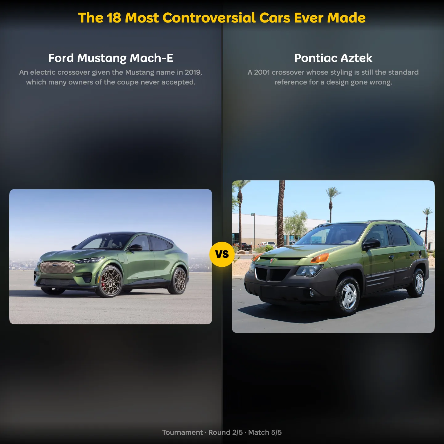 The most controversial cars ever made ranked, with the Ford Mustang Mach-E against the Pontiac Aztek