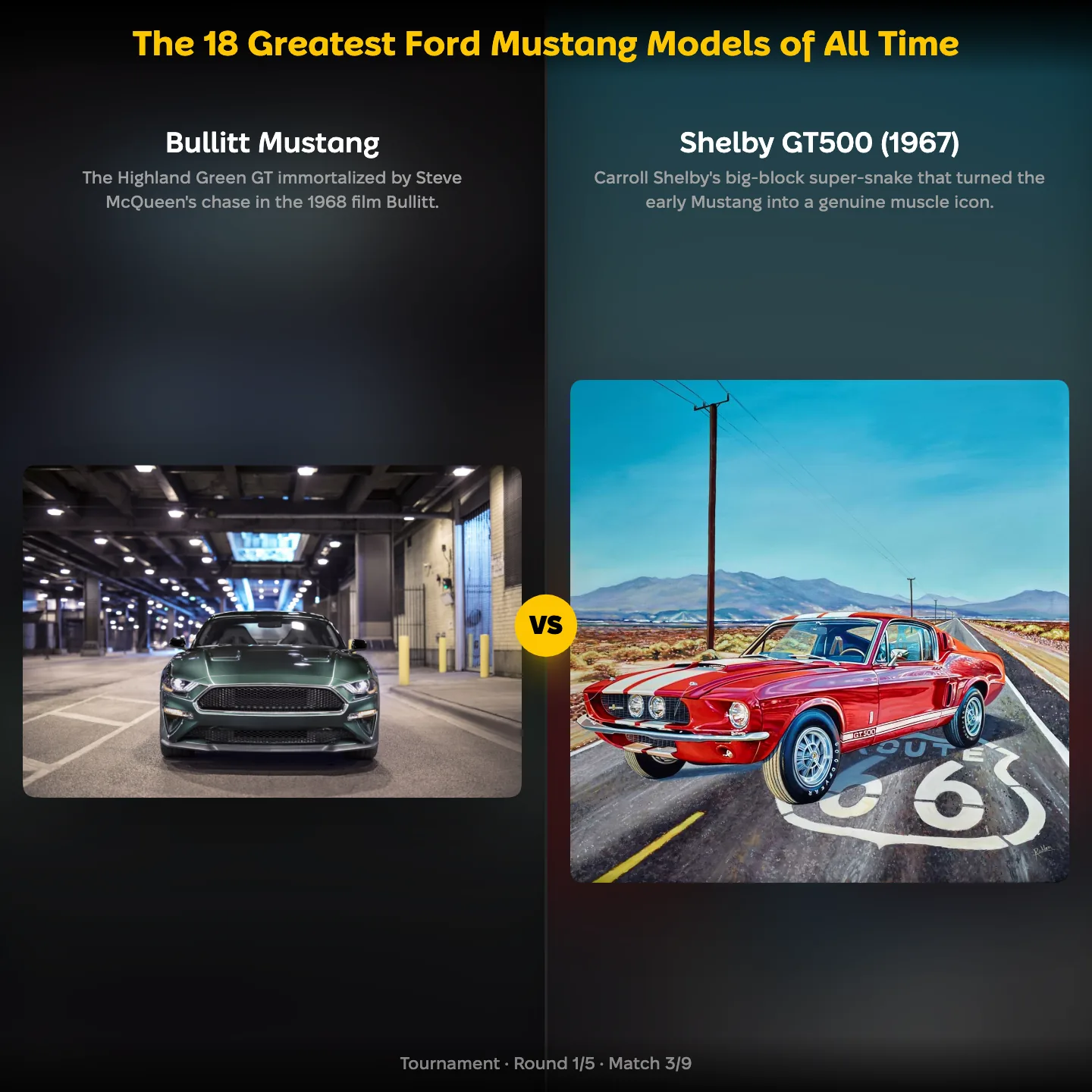 The greatest Ford Mustang models ranked, with the Bullitt Mustang against the 1967 Shelby GT500