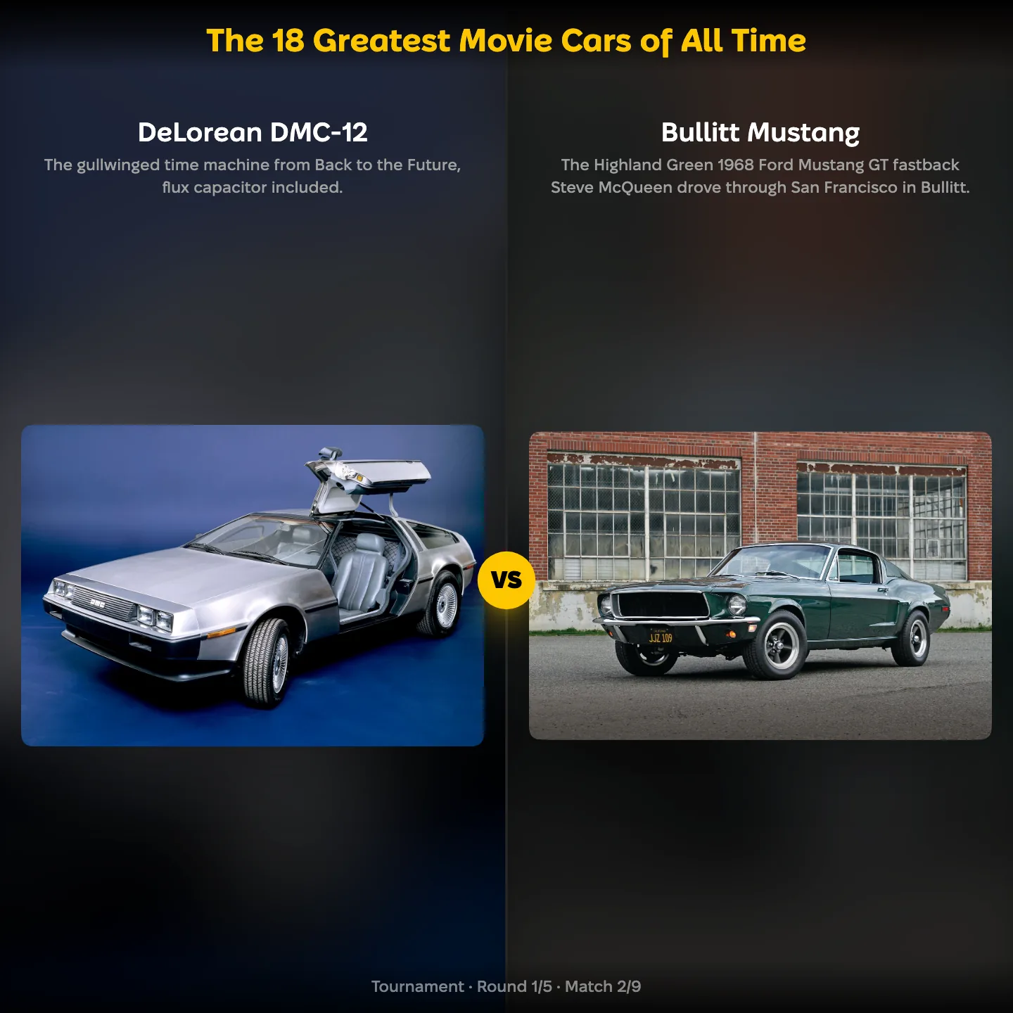 The greatest movie cars of all time ranked, with the DeLorean DMC-12 against the Bullitt Mustang