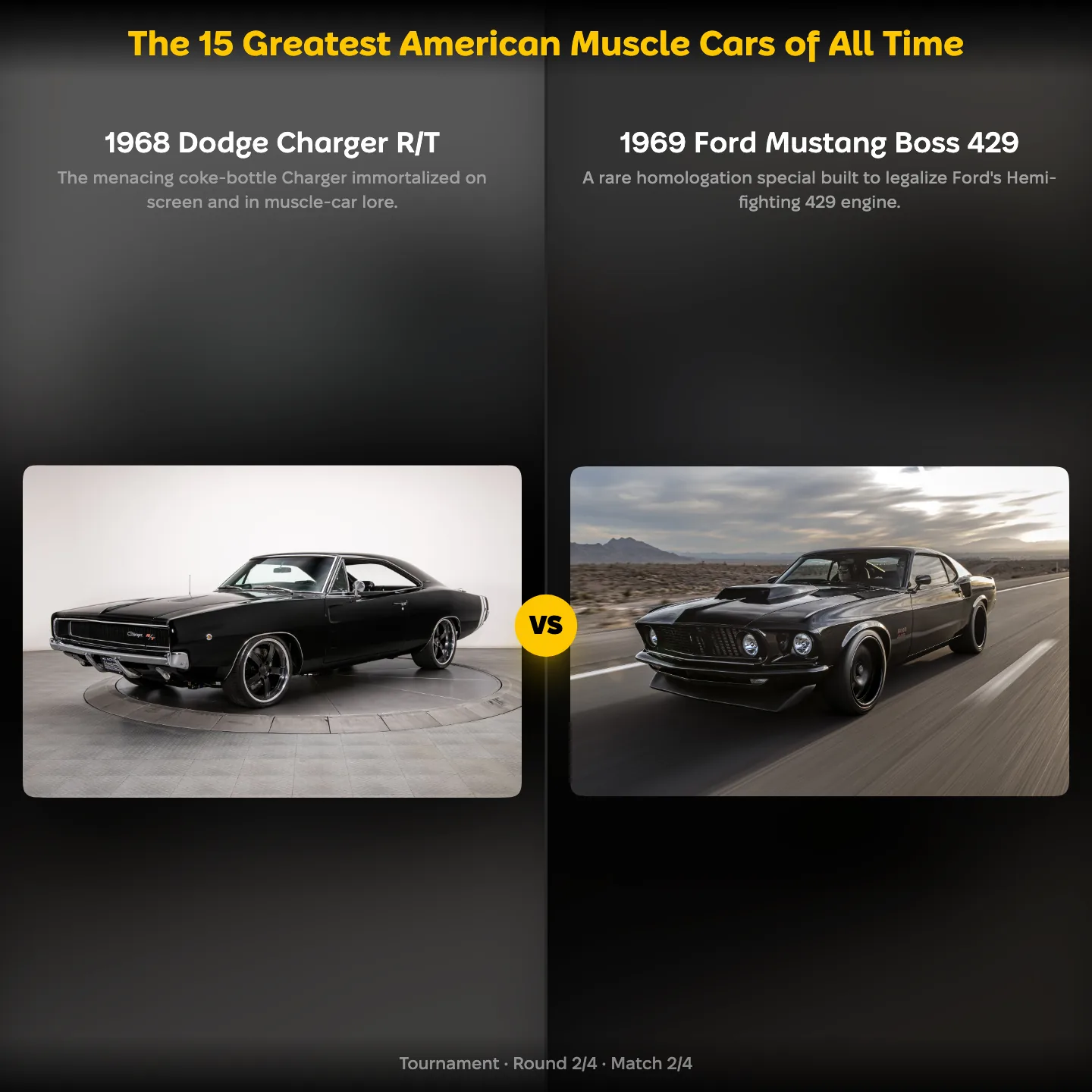 The greatest American muscle cars ranked, with the 1968 Dodge Charger R/T against the 1969 Ford Mustang Boss 429