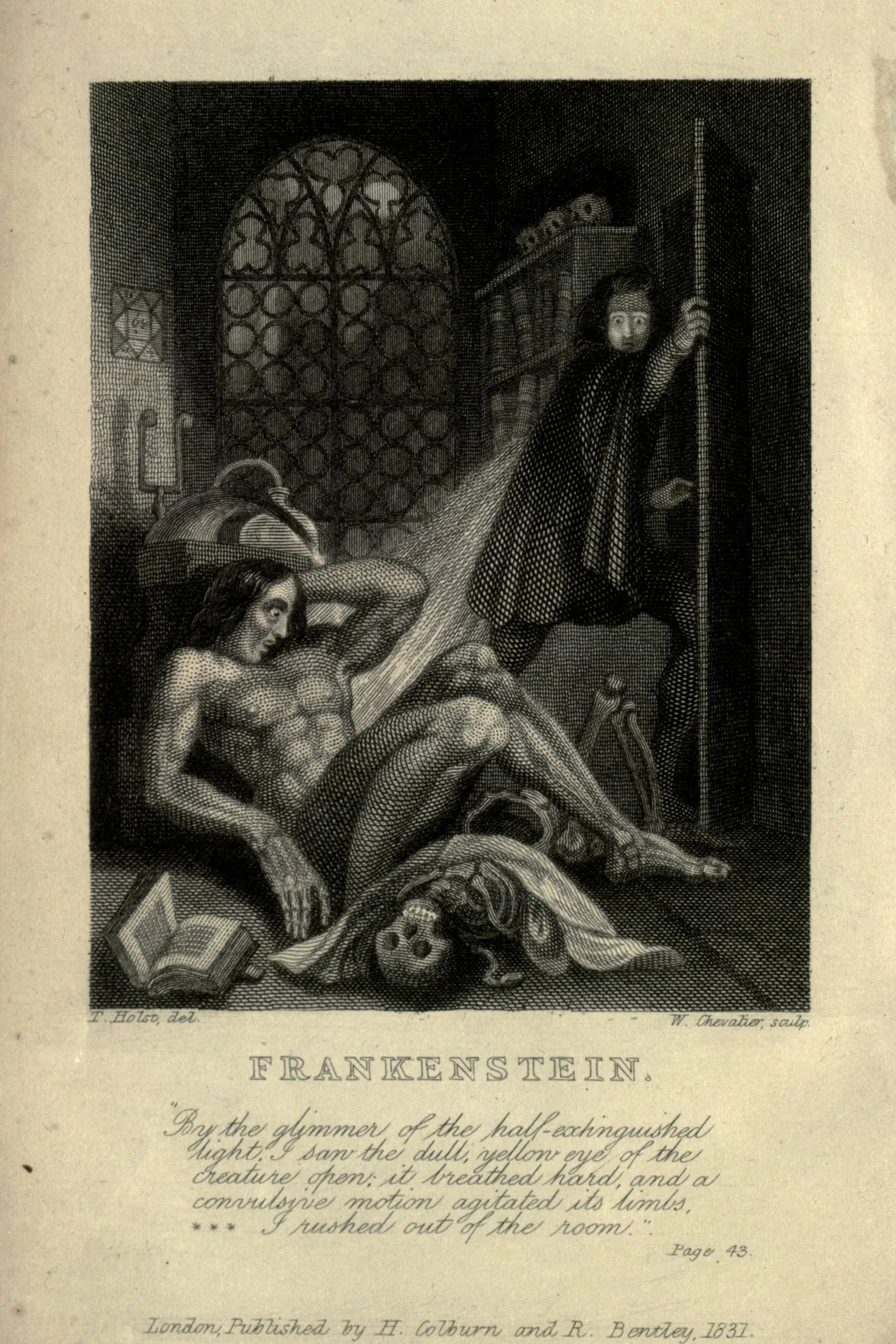 Theodor von Holst's 1831 frontispiece for Frankenstein: Victor Frankenstein flees the laboratory as the Creature wakes on the floor