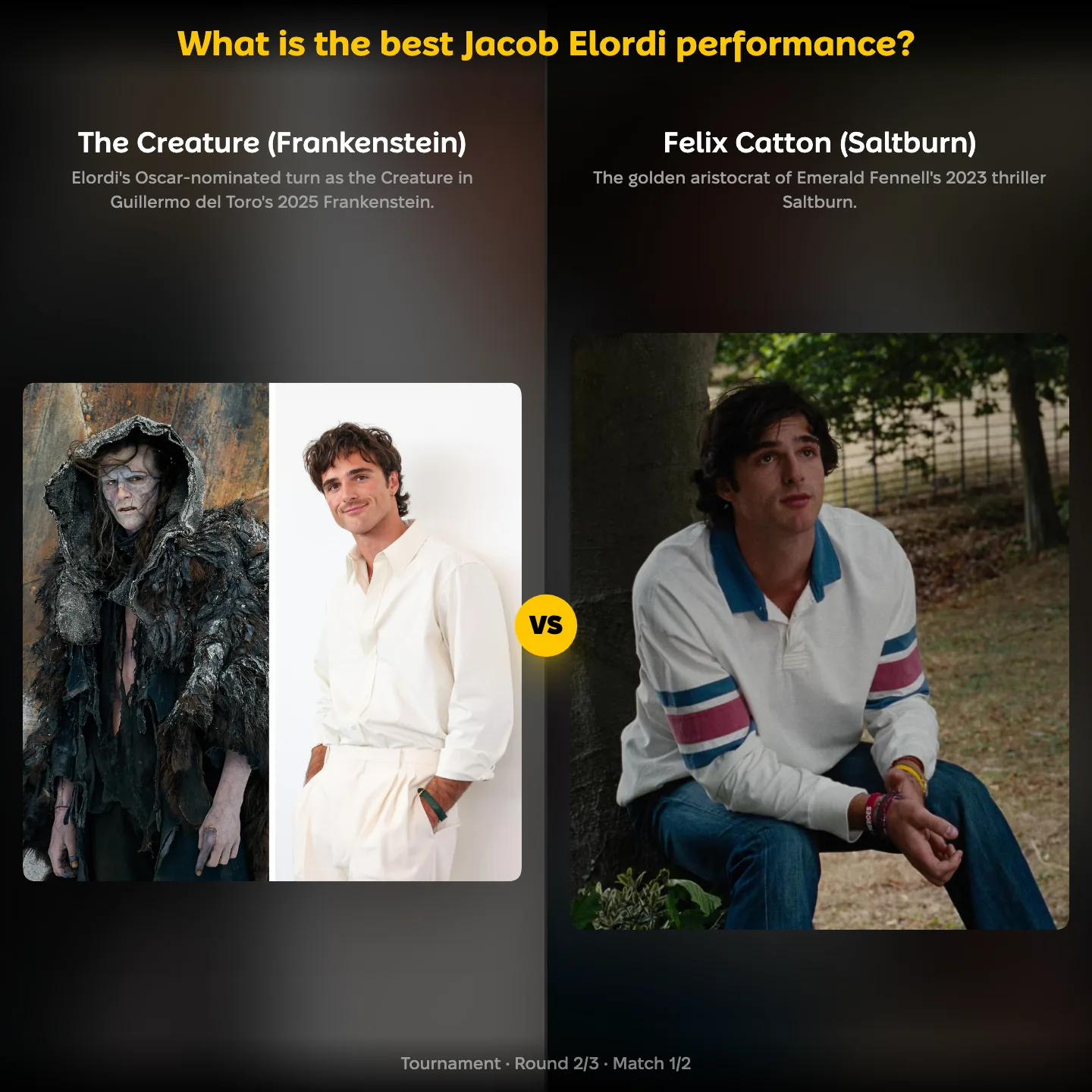 The best Jacob Elordi performance ranking on YouPickBest, showing the Creature from Frankenstein against Felix Catton from Saltburn