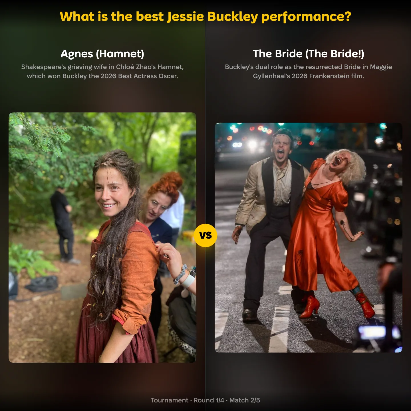 The best Jessie Buckley performance ranking on YouPickBest, showing Agnes from Hamnet against the Bride from The Bride!
