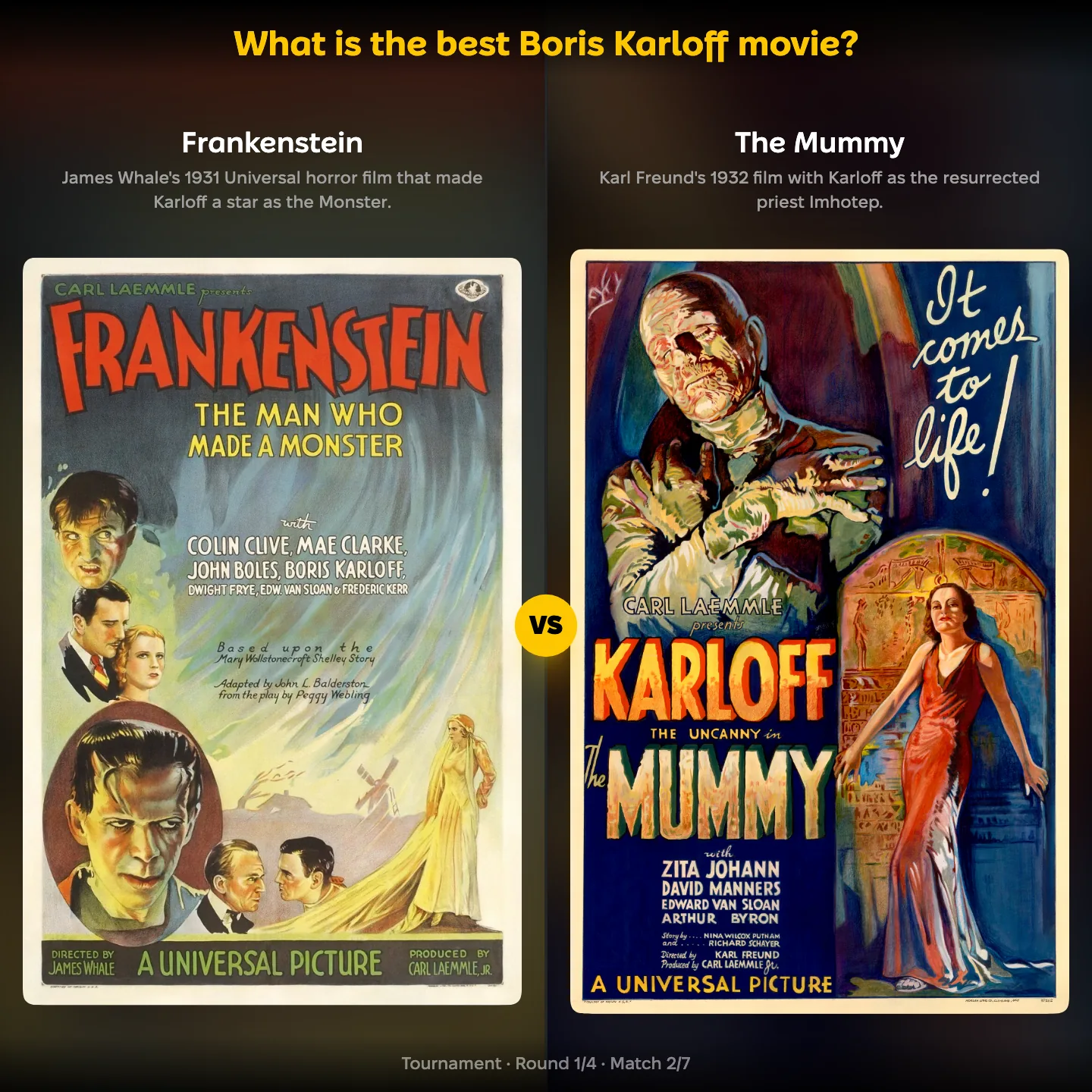 The best Boris Karloff movie ranking on YouPickBest, showing Frankenstein (1931) against The Mummy (1932)