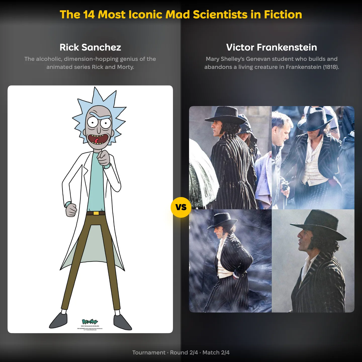 The most iconic mad scientists in fiction ranking on YouPickBest, showing Rick Sanchez against Victor Frankenstein