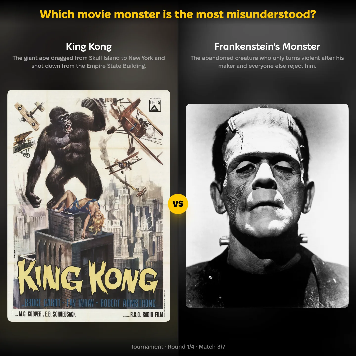 The most misunderstood movie monster ranking on YouPickBest, showing King Kong against Frankenstein's Monster