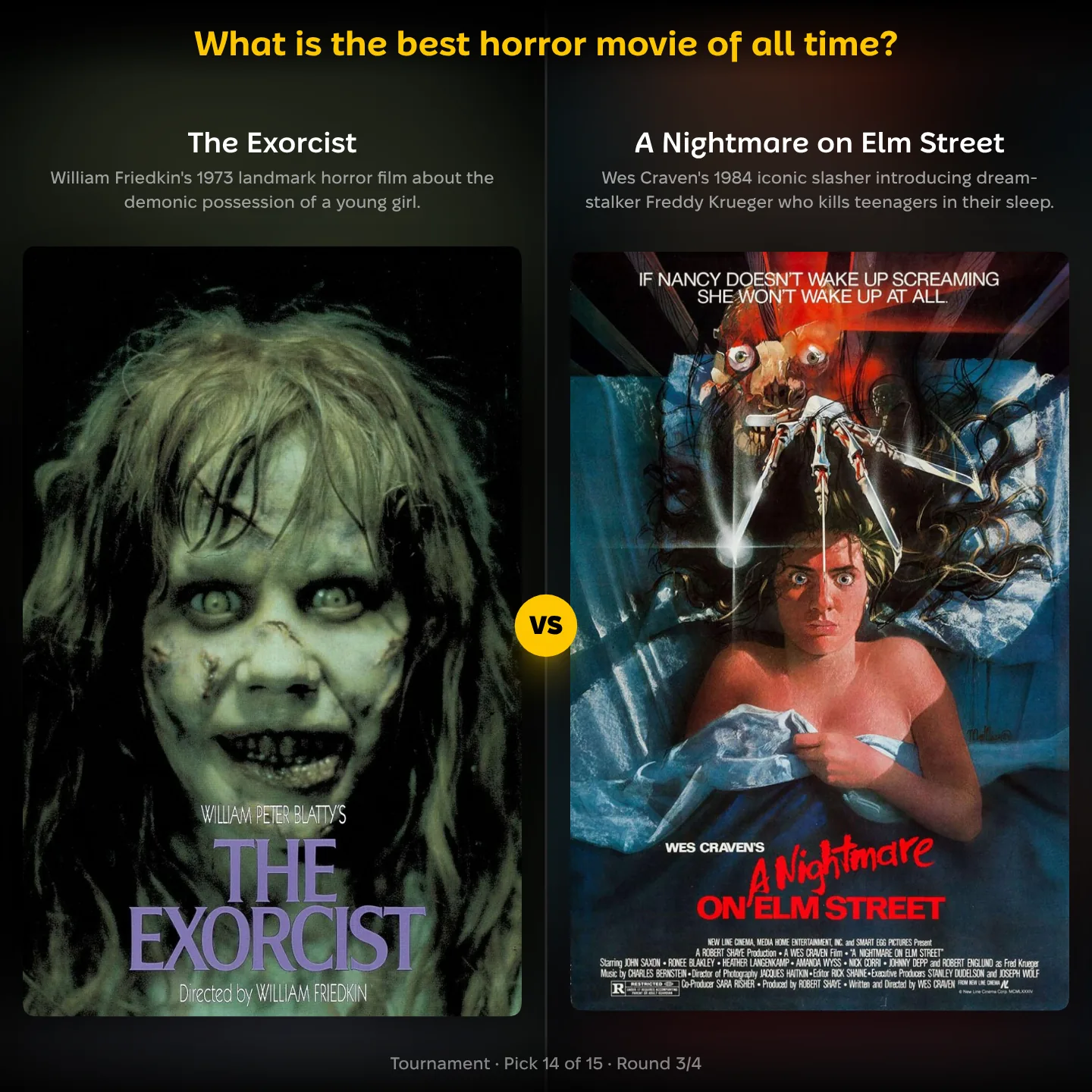 The best horror movies of all time ranked, The Exorcist against Wes Craven's 1984 slasher