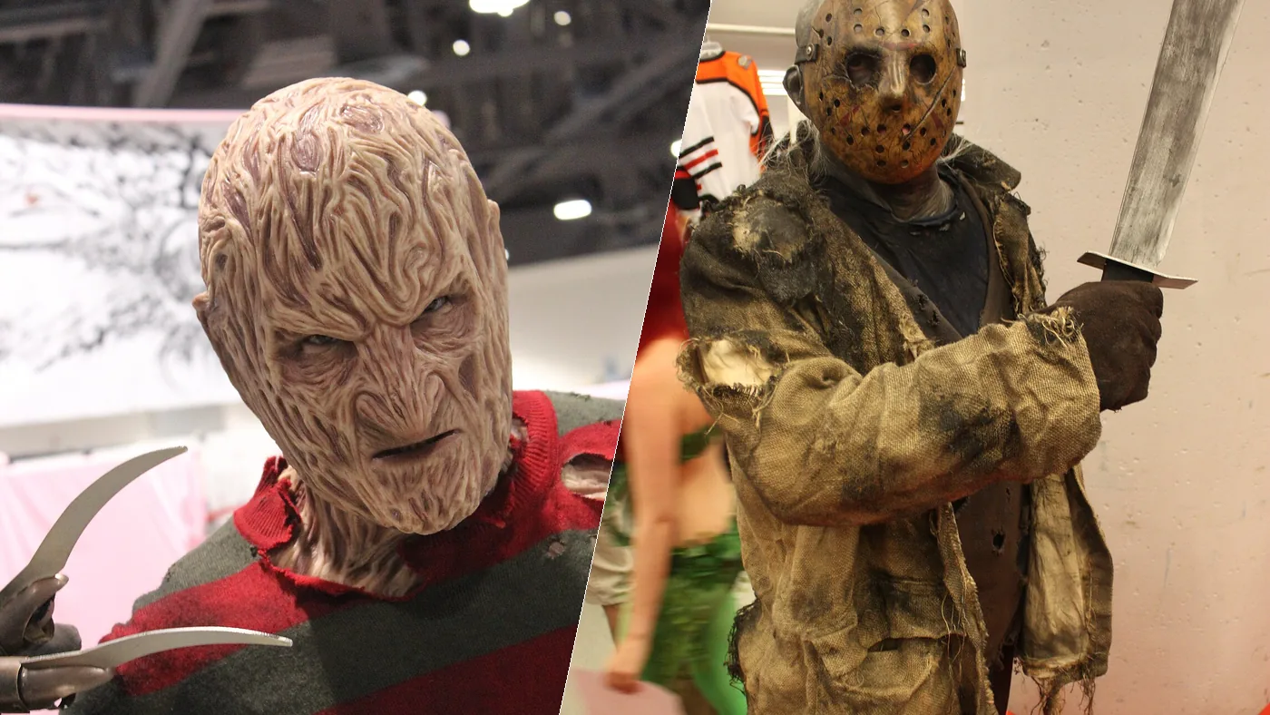 Freddy Krueger and Jason Voorhees cosplayers side by side, the two slashers of Freddy vs Jason