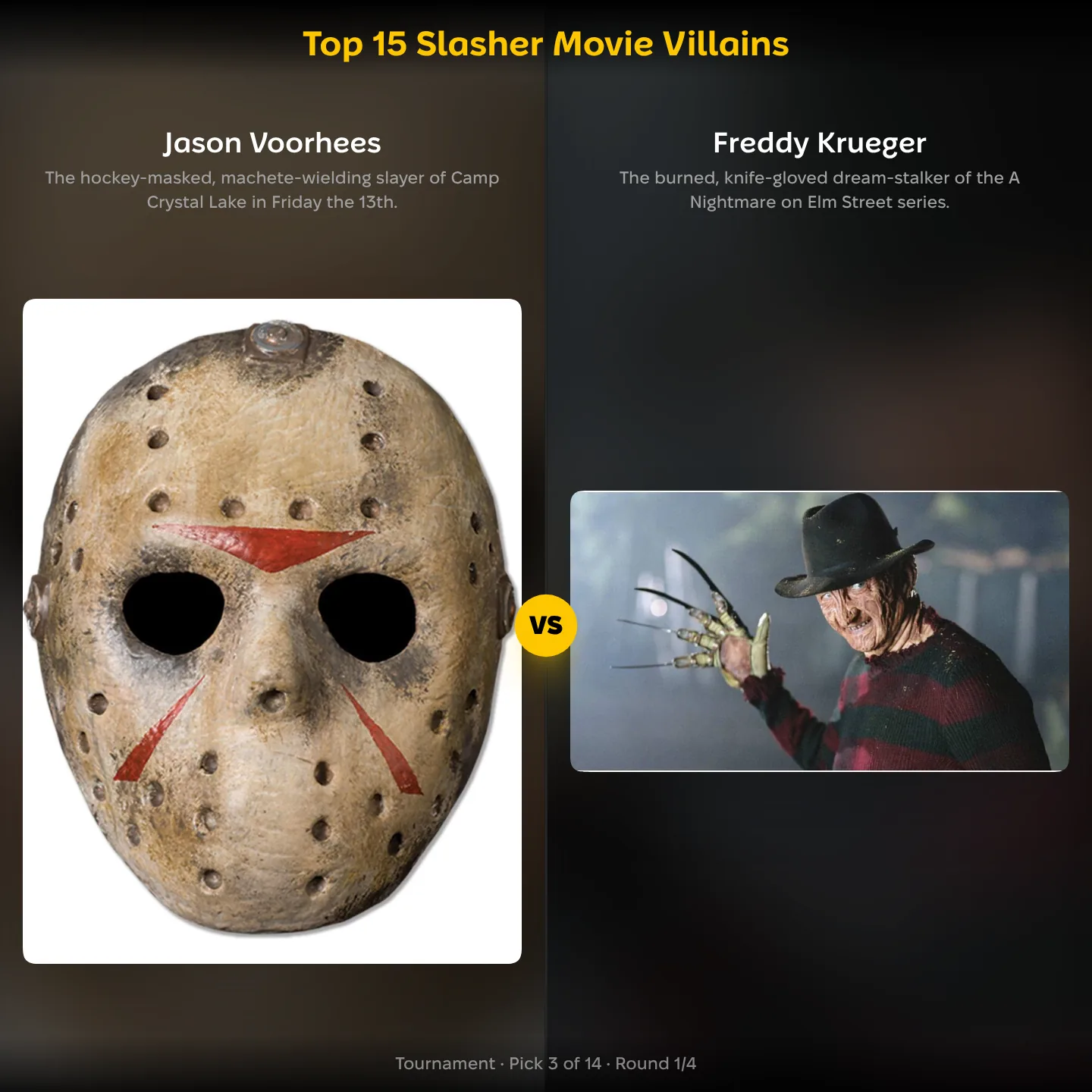 Top 15 slasher movie villains ranked, with Jason Voorhees against Freddy Krueger