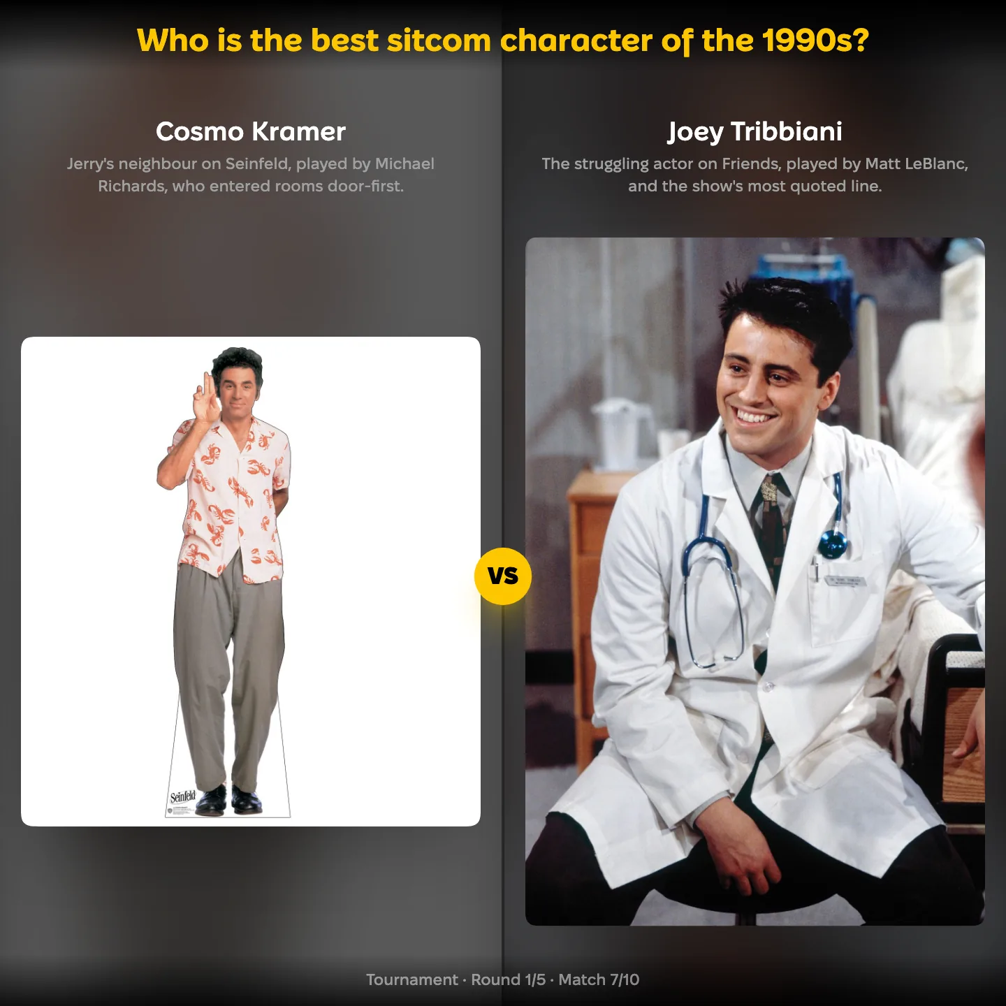 The best sitcom character of the 1990s ranking, showing Cosmo Kramer of Seinfeld against Joey Tribbiani of Friends