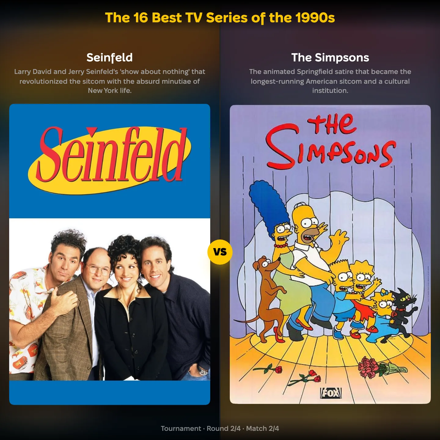 The 16 best TV series of the 1990s ranking, showing Seinfeld against The Simpsons