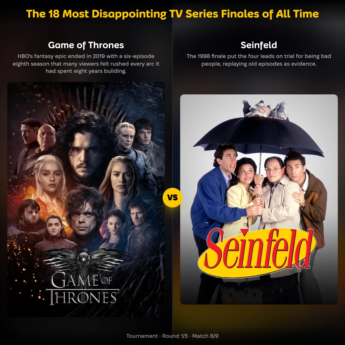 The 18 most disappointing TV series finales of all time ranking, showing Game of Thrones against Seinfeld