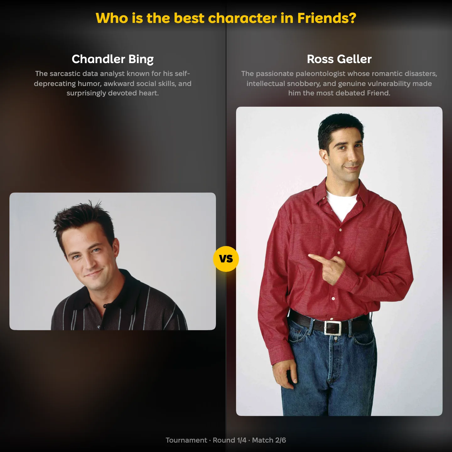 The best character in Friends ranking, showing Chandler Bing against Ross Geller