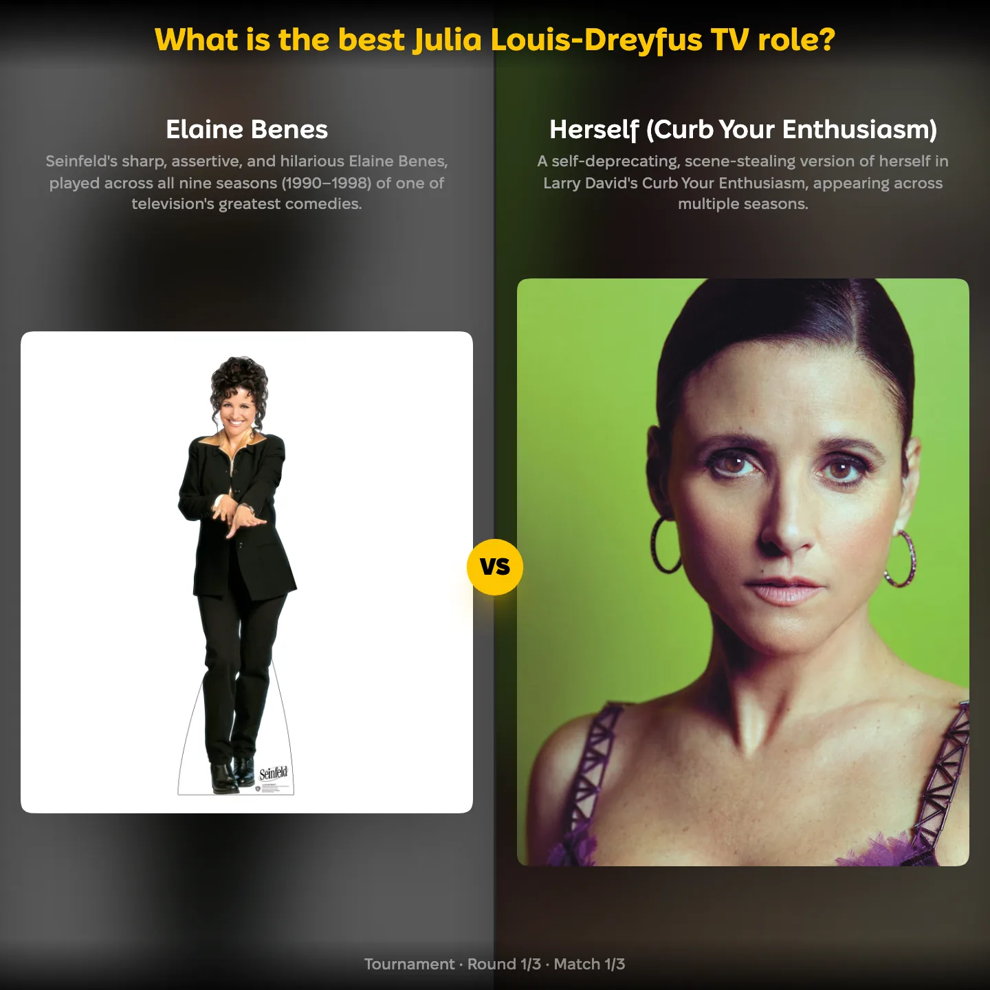 The best Julia Louis-Dreyfus TV role ranking, showing Elaine Benes of Seinfeld against her Curb Your Enthusiasm appearances