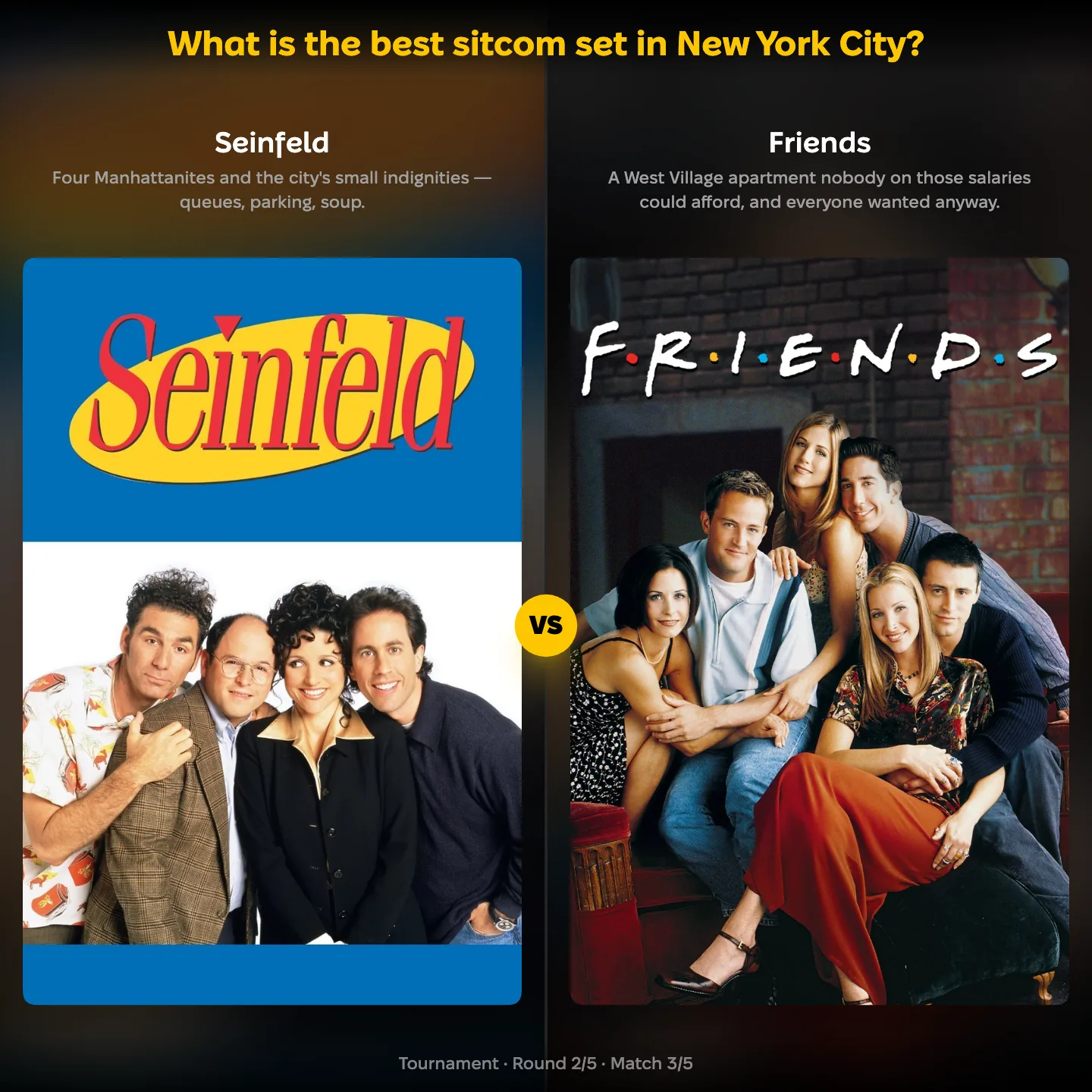 The best sitcom set in New York City ranking, showing Seinfeld against Friends
