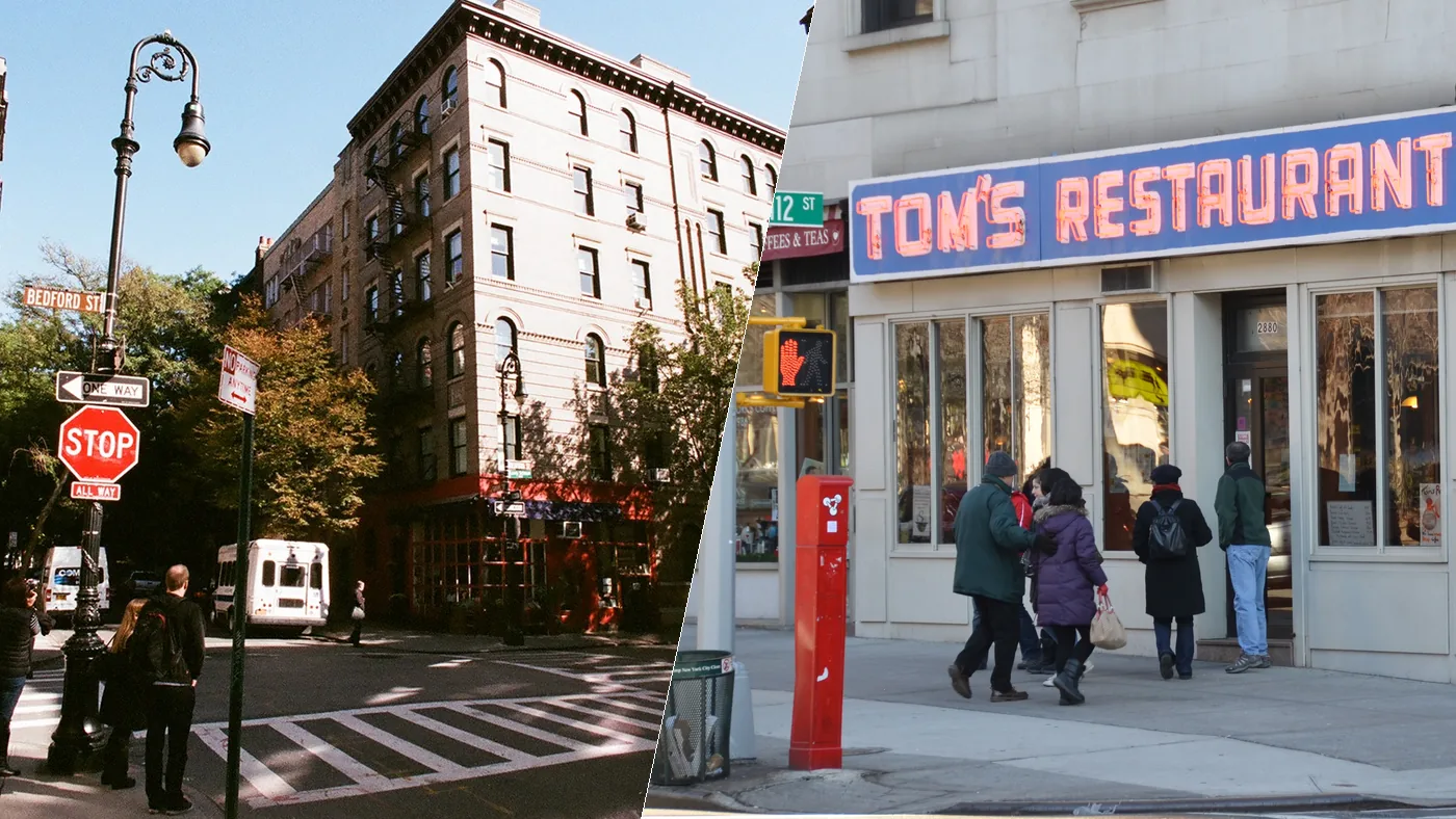The Friends apartment building on Bedford Street and Tom's Restaurant on Broadway, the two New York corners behind Friends and Seinfeld