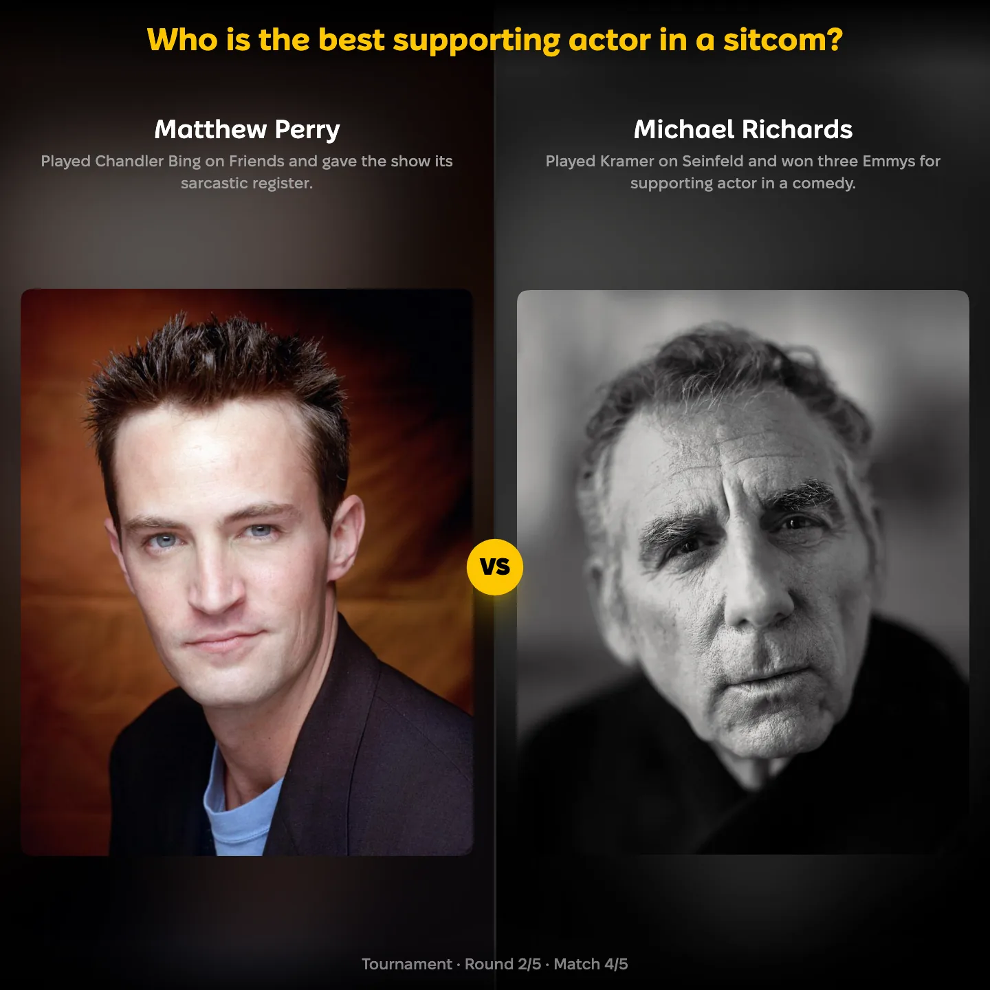 The best supporting actor in a sitcom ranking, showing Matthew Perry of Friends against Michael Richards of Seinfeld