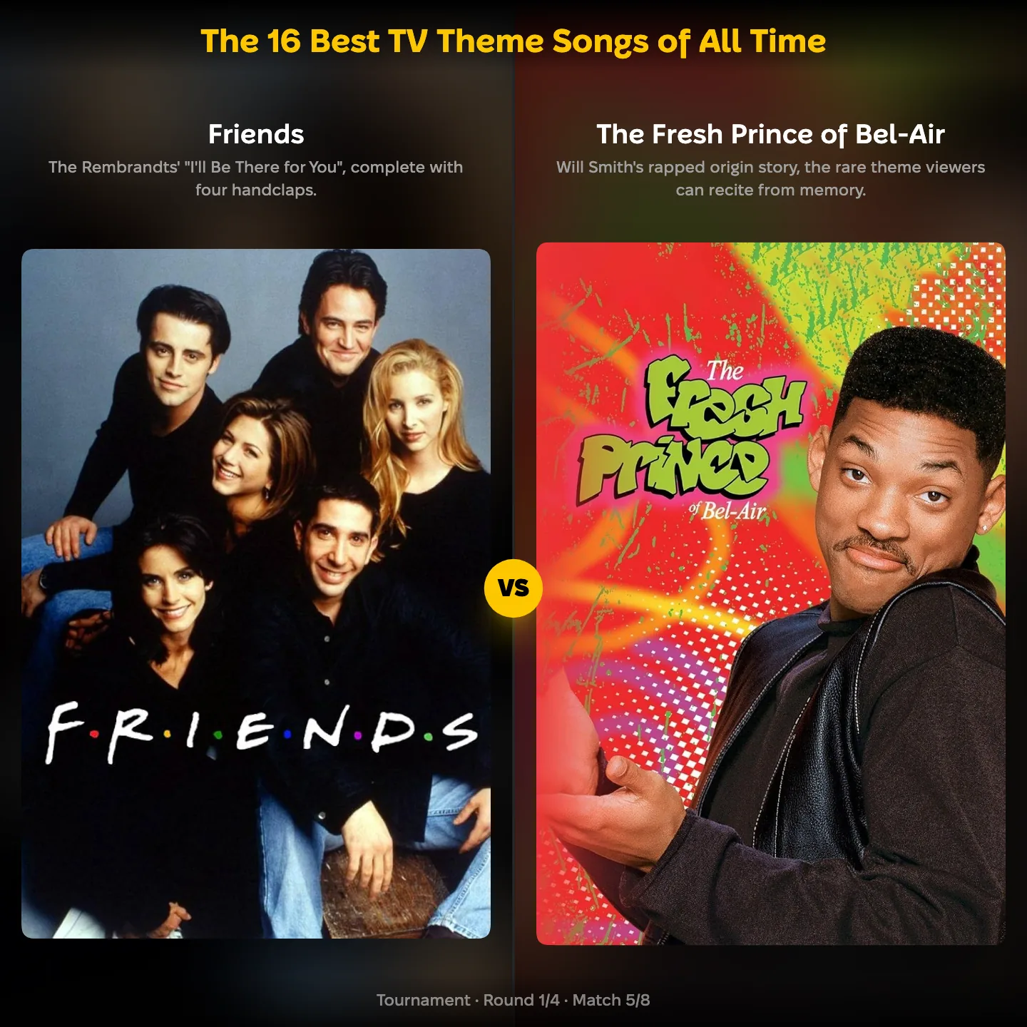 The 16 best TV theme songs of all time ranking, showing Friends against The Fresh Prince of Bel-Air