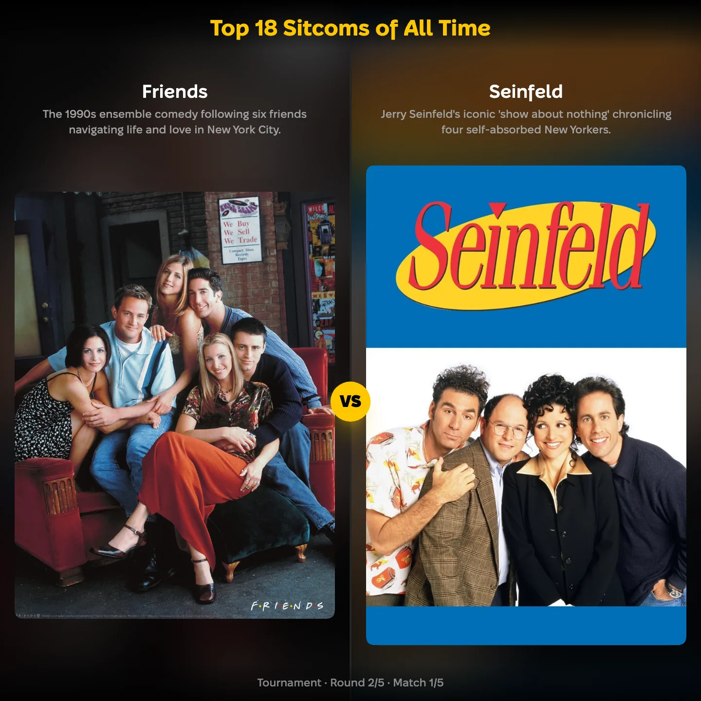 Top 18 sitcoms of all time ranking, showing Friends against Seinfeld